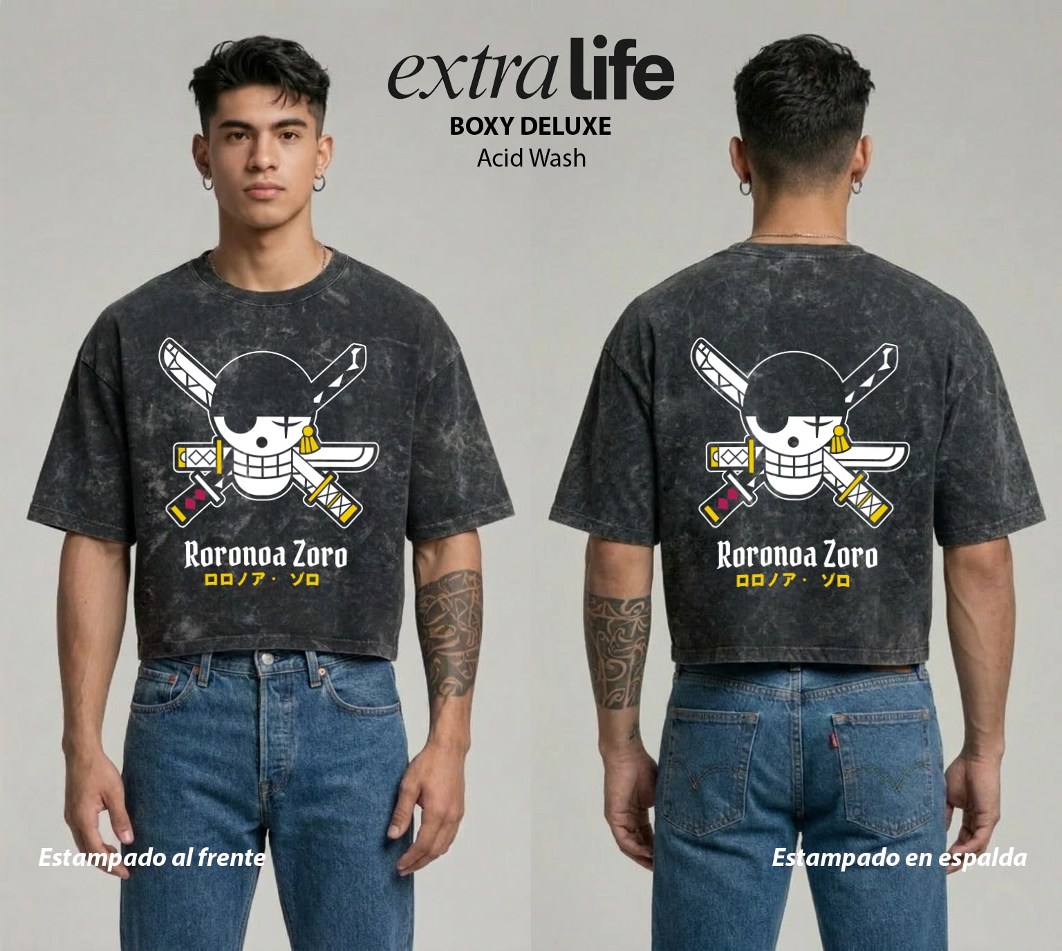Playera streetwear premium de anime y gaming ExtraLife MX, corte boxy deluxe mineral wash heavyweight en color Acid Wash, moda urbana mexicana de culto.