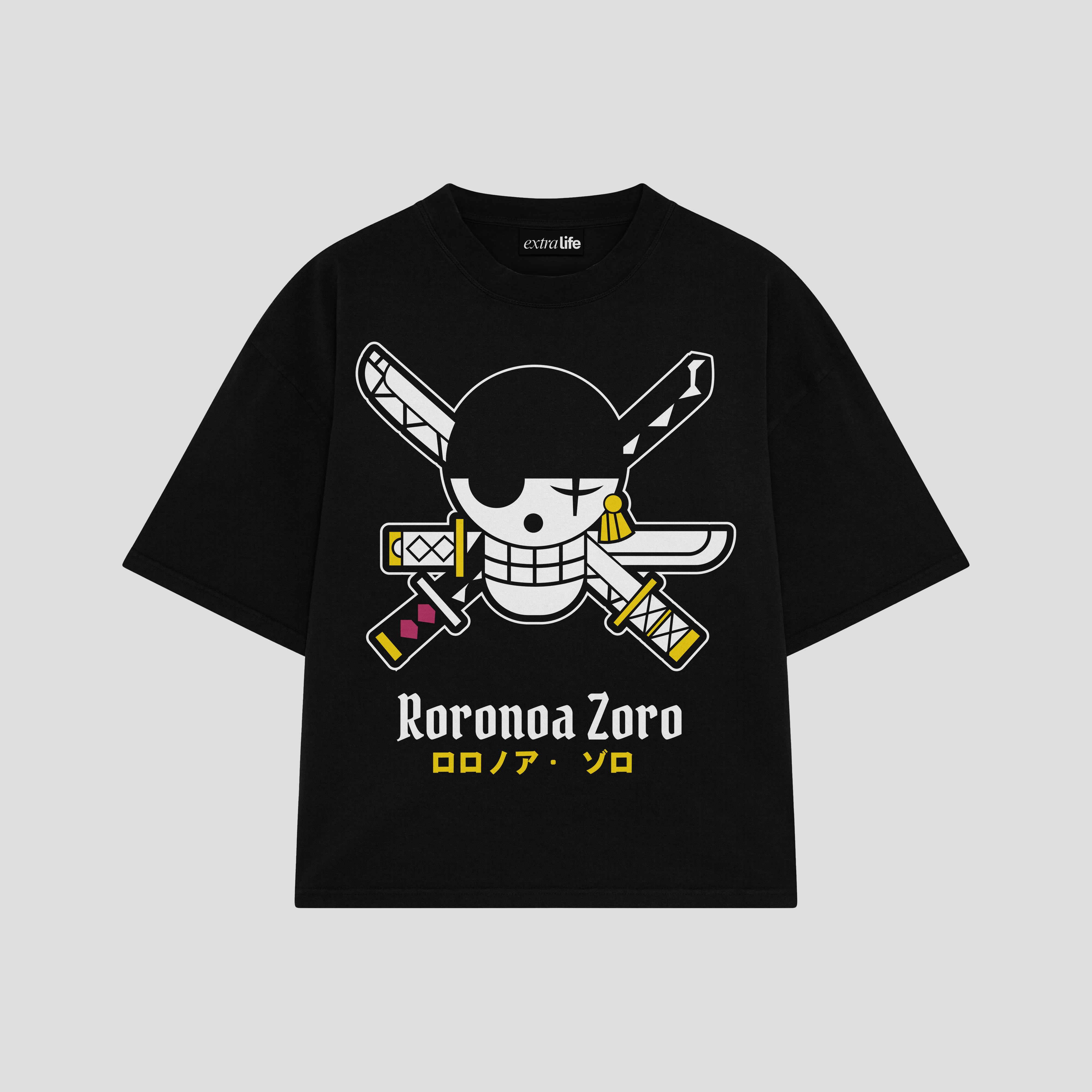 Playera streetwear premium de anime y gaming ExtraLife MX, corte boxy oversized drop shoulder heavyweight en color Deep Black y Off-White, moda urbana mexicana de culto.