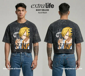 Playera streetwear premium de anime y gaming ExtraLife MX, corte boxy deluxe mineral wash heavyweight en color Acid Wash, moda urbana mexicana de culto.