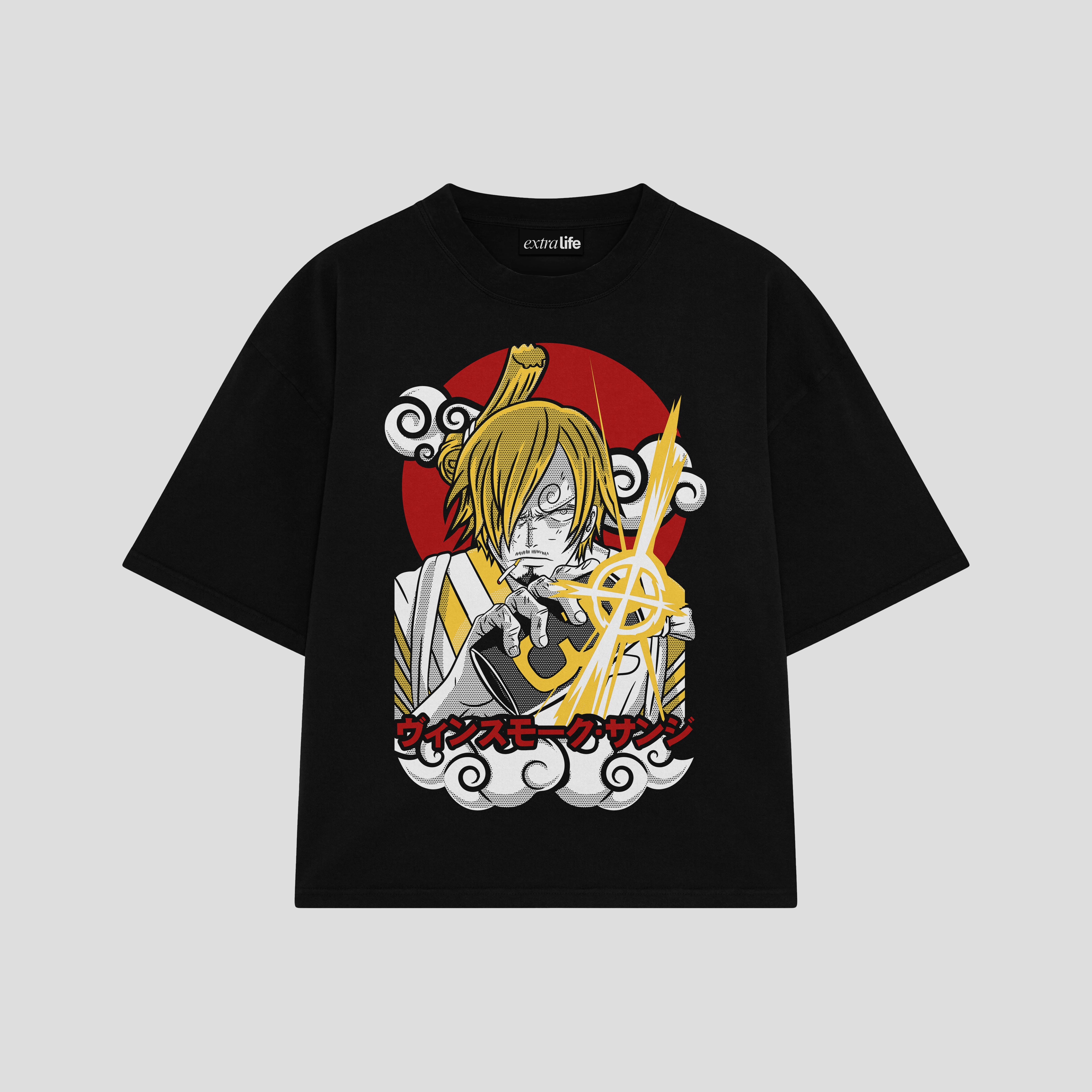 Playera streetwear premium de anime y gaming ExtraLife MX, corte boxy oversized drop shoulder heavyweight en color Deep Black y Off-White, moda urbana mexicana de culto.