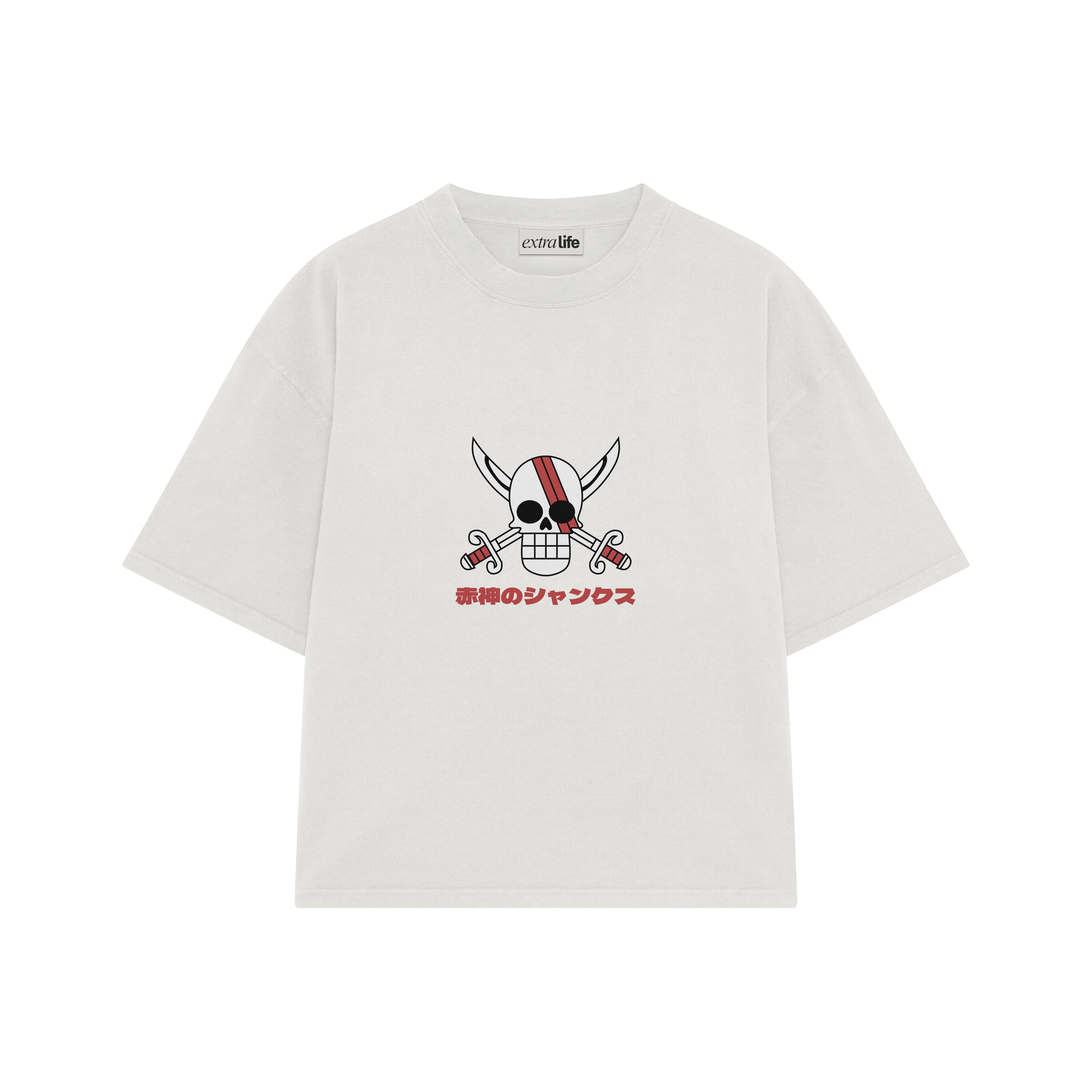 Playera streetwear premium de anime y gaming ExtraLife MX, corte boxy oversized drop shoulder heavyweight en color Deep Black y Off-White, moda urbana mexicana de culto.