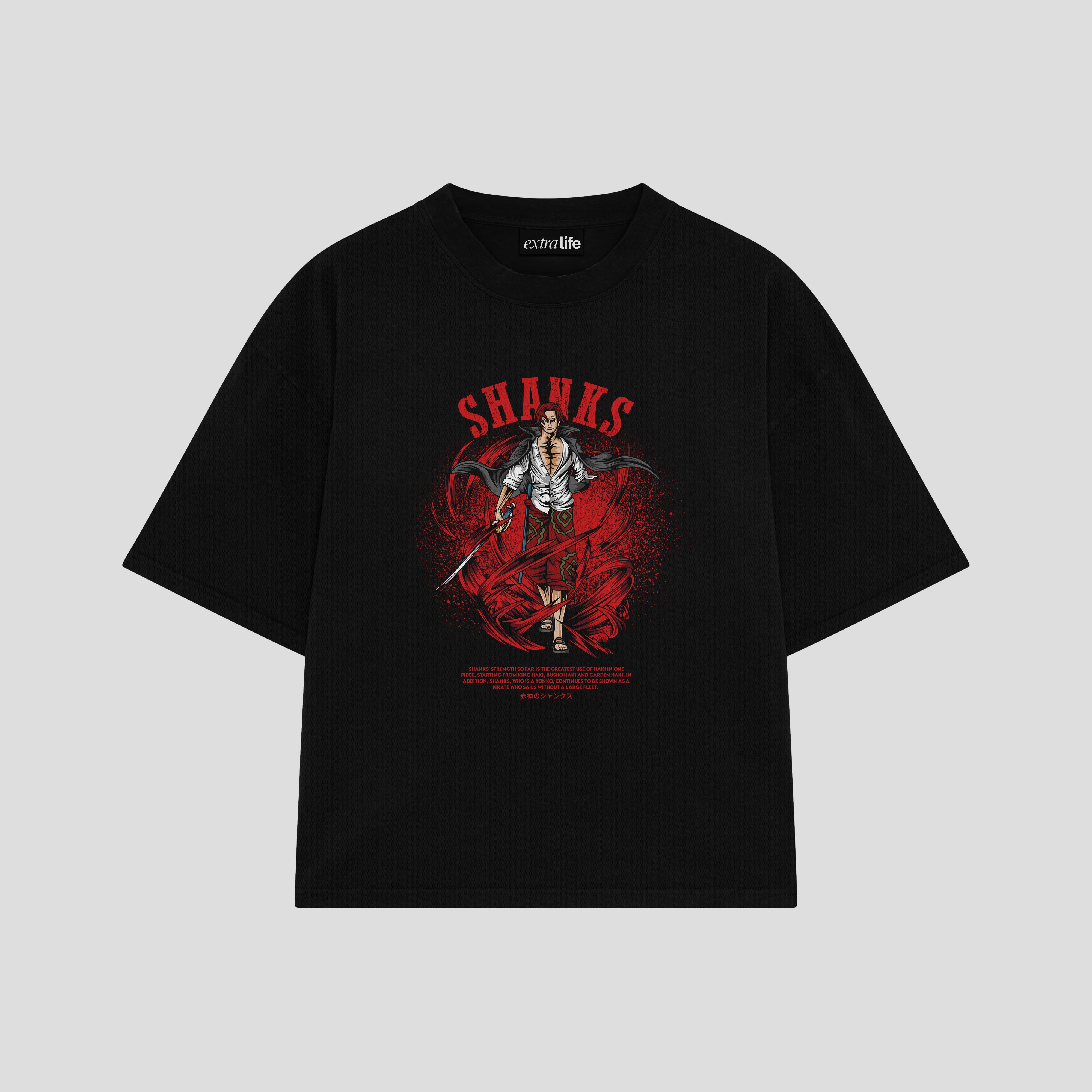 Playera streetwear premium de anime y gaming ExtraLife MX, corte boxy oversized drop shoulder heavyweight en color Deep Black y Off-White, moda urbana mexicana de culto.