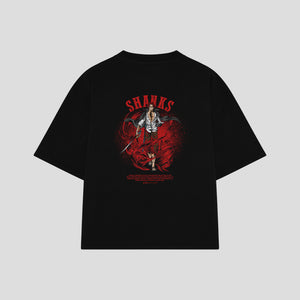 Playera streetwear premium de anime y gaming ExtraLife MX, corte boxy oversized drop shoulder heavyweight en color Deep Black y Off-White, moda urbana mexicana de culto.
