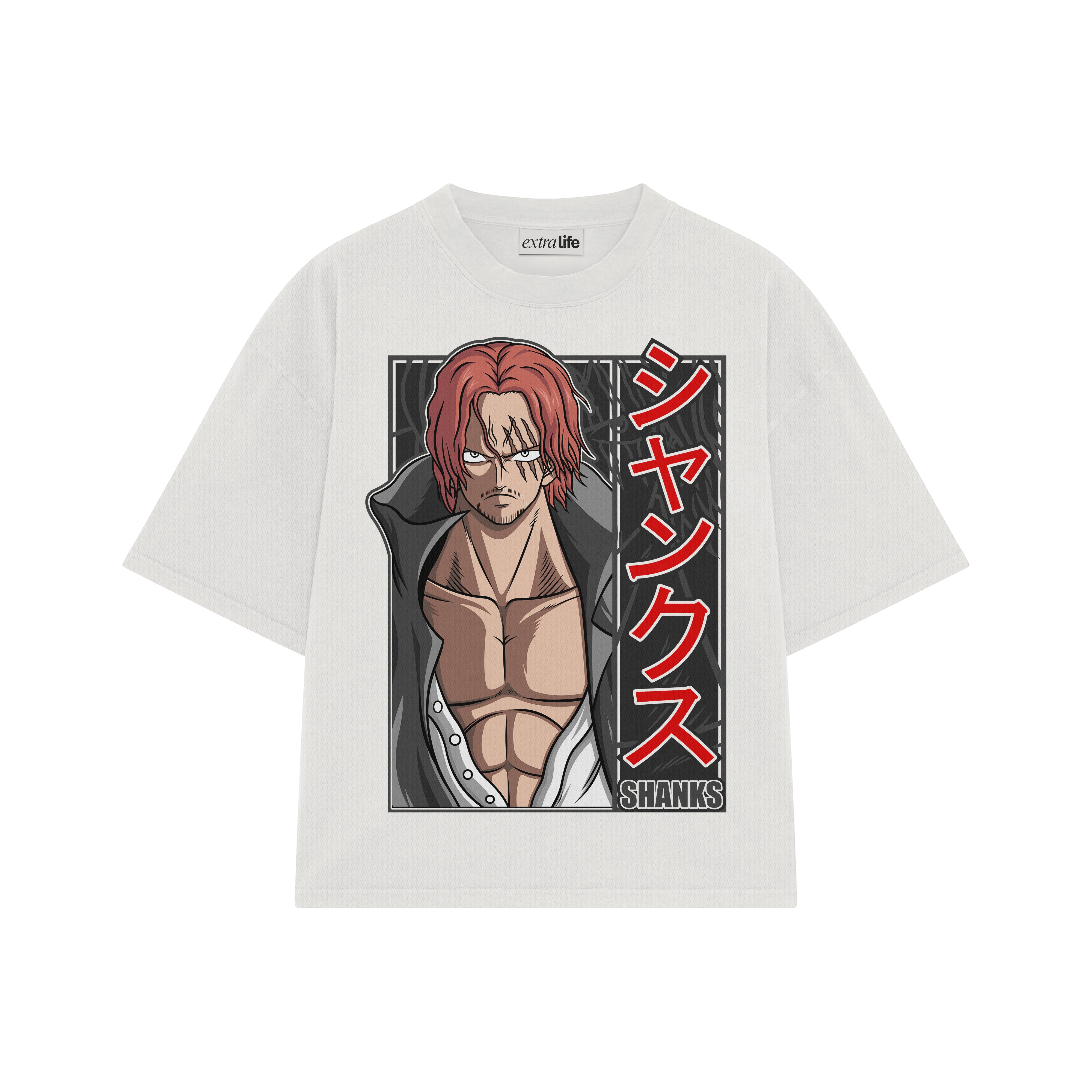 Playera streetwear premium de anime y gaming ExtraLife MX, corte boxy oversized drop shoulder heavyweight en color Deep Black y Off-White, moda urbana mexicana de culto.
