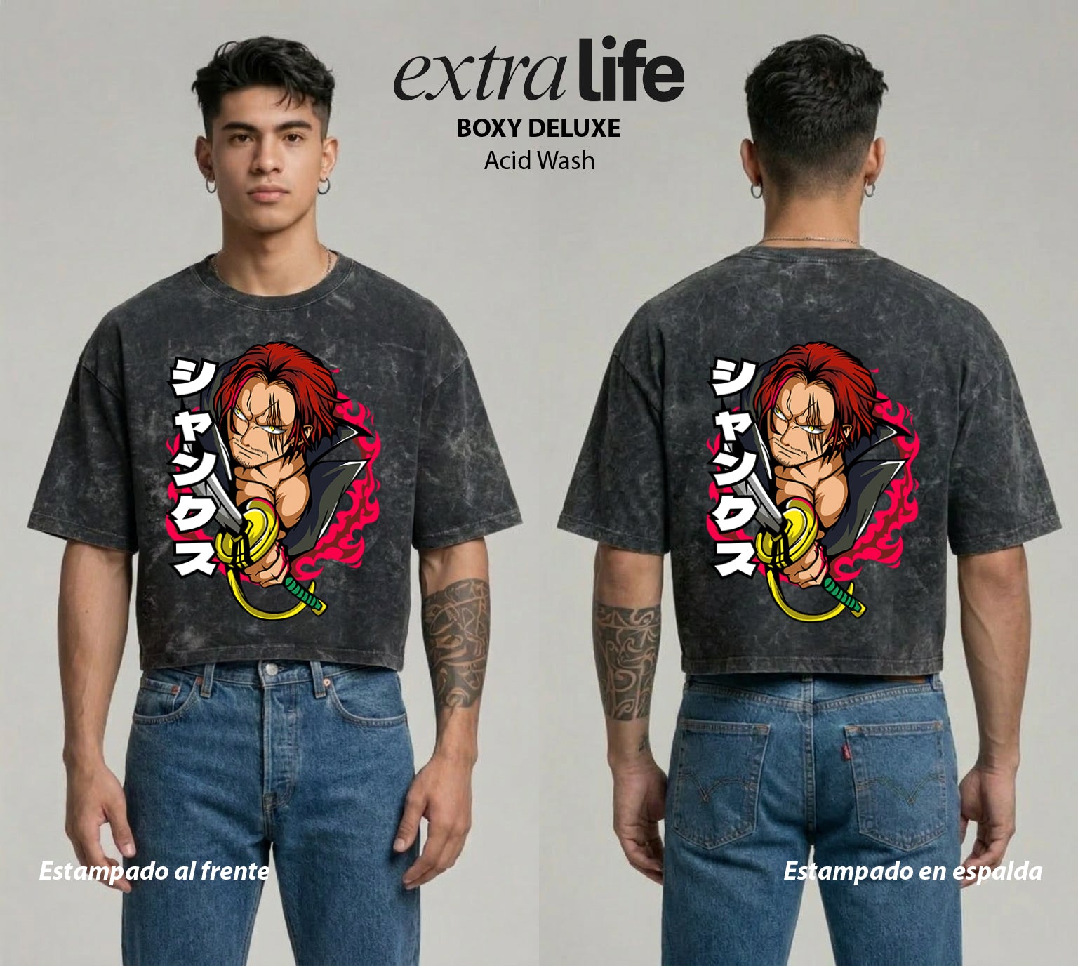 Playera streetwear premium de anime y gaming ExtraLife MX, corte boxy deluxe mineral wash heavyweight en color Acid Wash, moda urbana mexicana de culto.