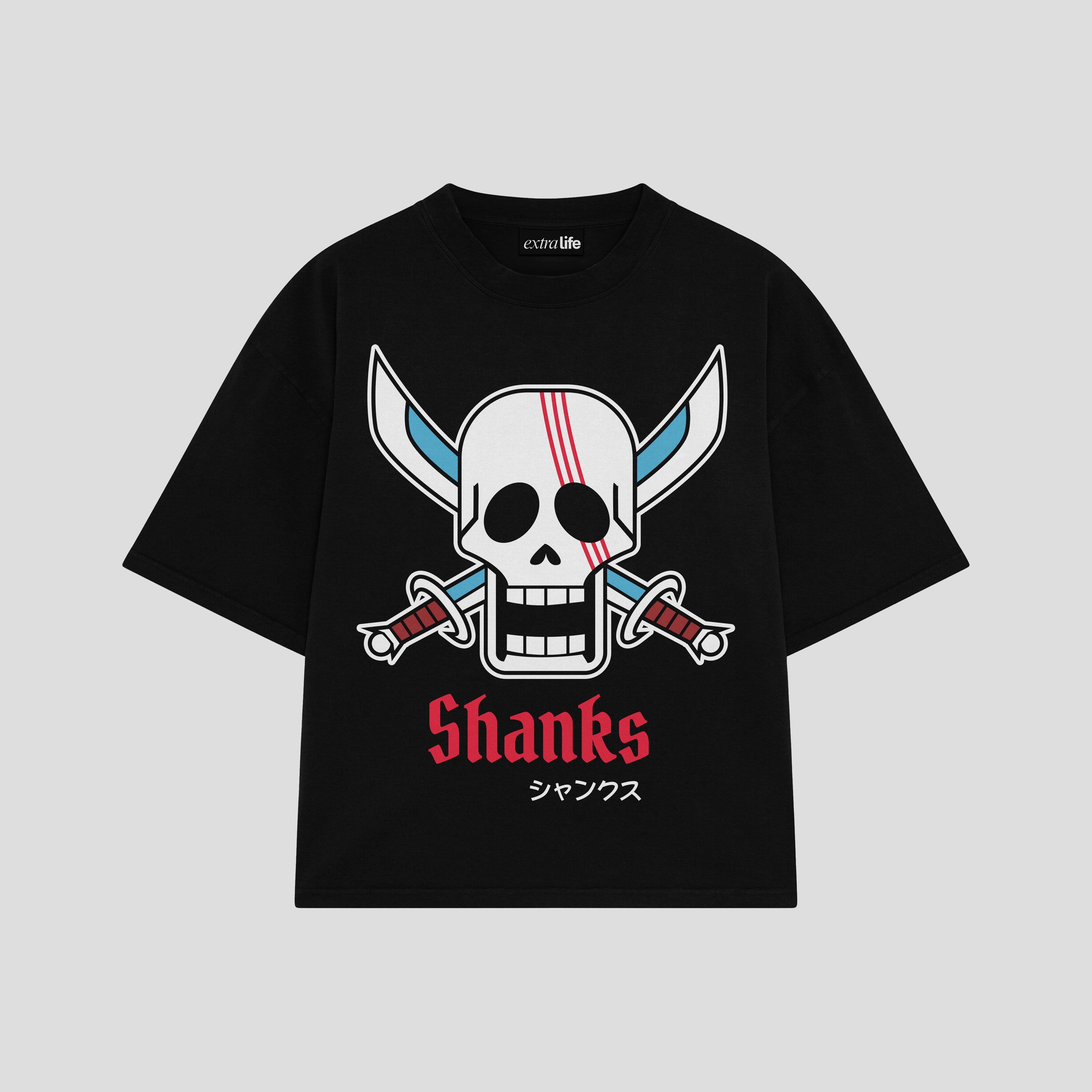 Playera streetwear premium de anime y gaming ExtraLife MX, corte boxy oversized drop shoulder heavyweight en color Deep Black y Off-White, moda urbana mexicana de culto.