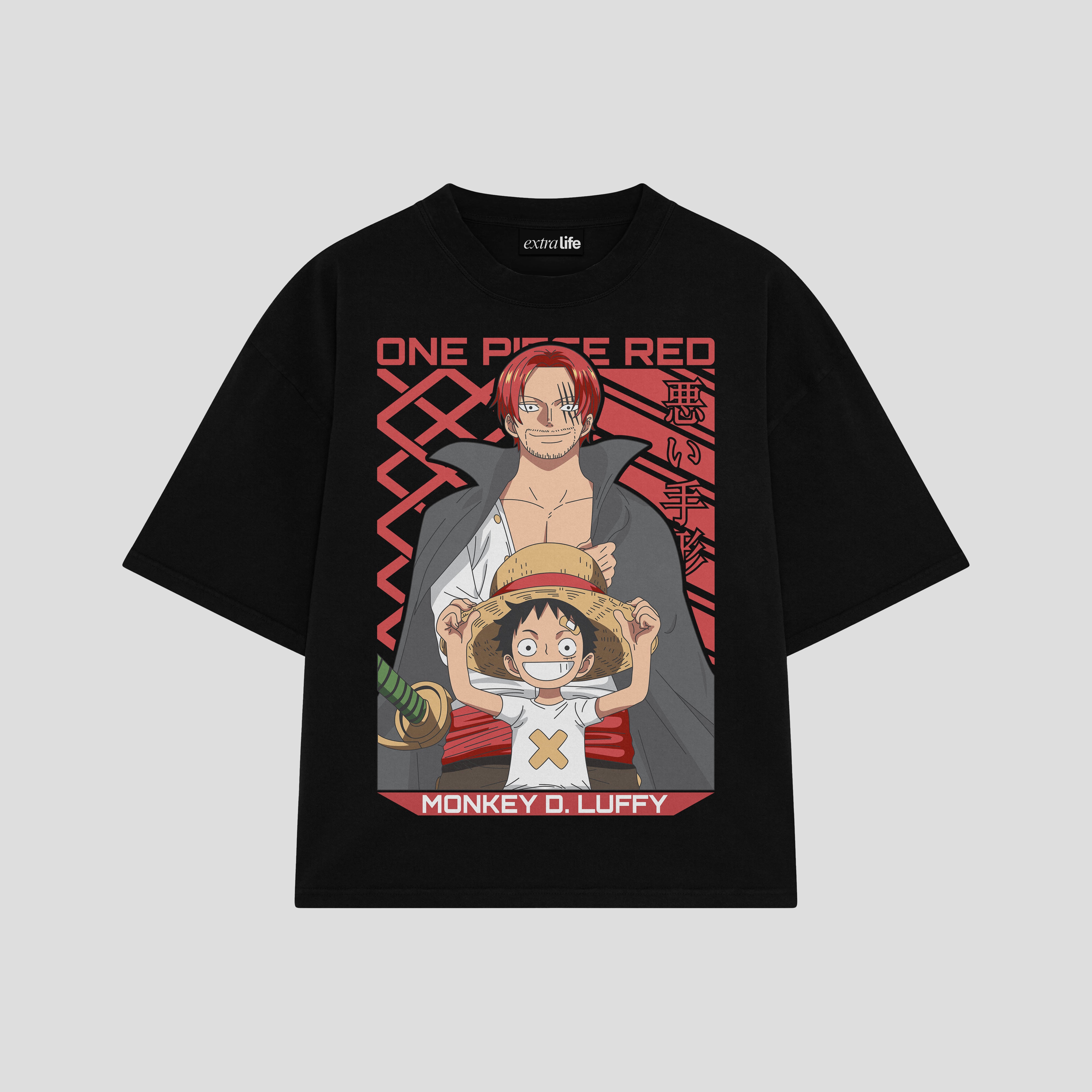 Playera streetwear premium de anime y gaming ExtraLife MX, corte boxy oversized drop shoulder heavyweight en color Deep Black y Off-White, moda urbana mexicana de culto.