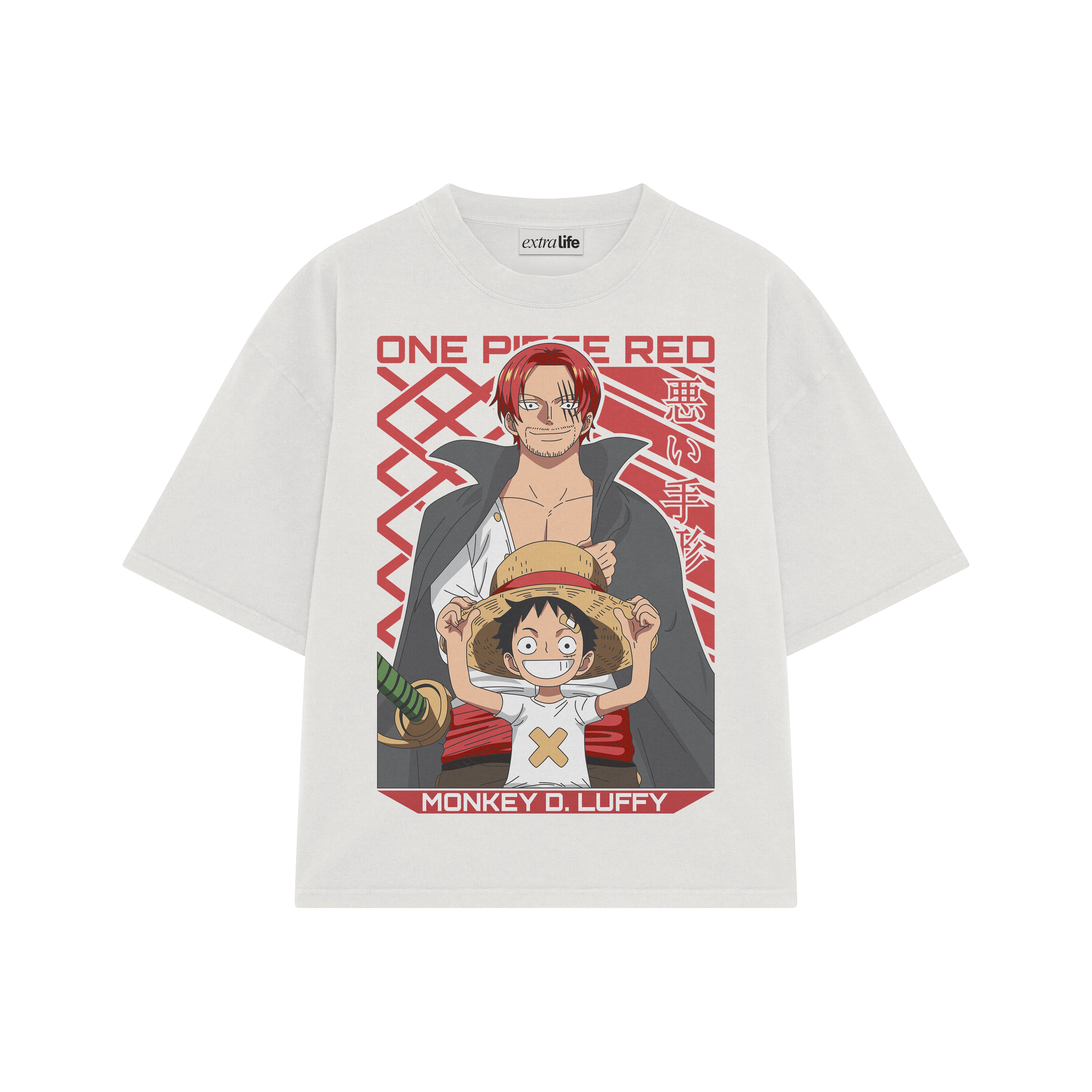 Playera streetwear premium de anime y gaming ExtraLife MX, corte boxy oversized drop shoulder heavyweight en color Deep Black y Off-White, moda urbana mexicana de culto.