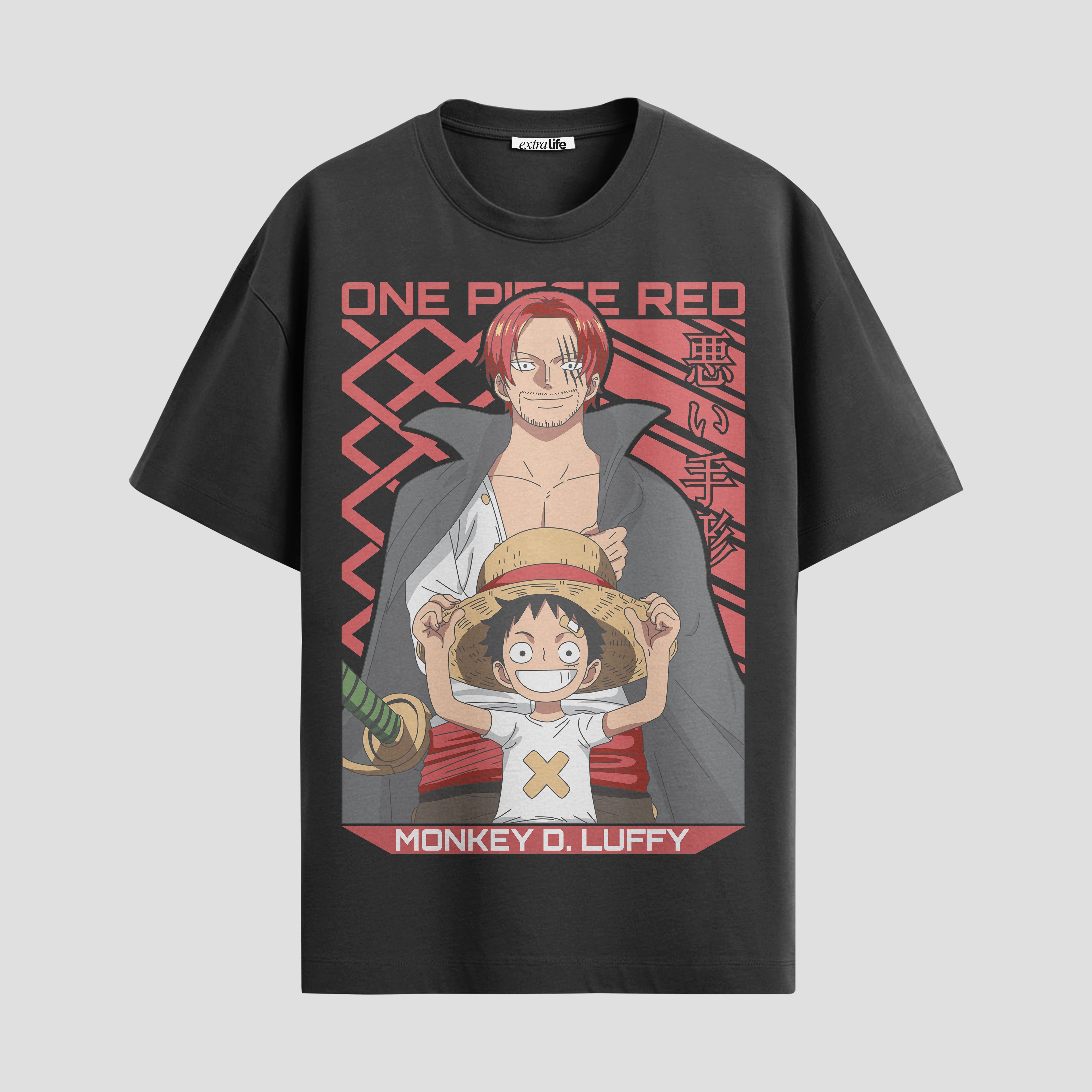 Playera urbana de anime y gaming ExtraLife MX, corte Standard Fit unisex ligero y transpirable en color Deep Black y Pure White, ropa de uso diario para gym y casual.
