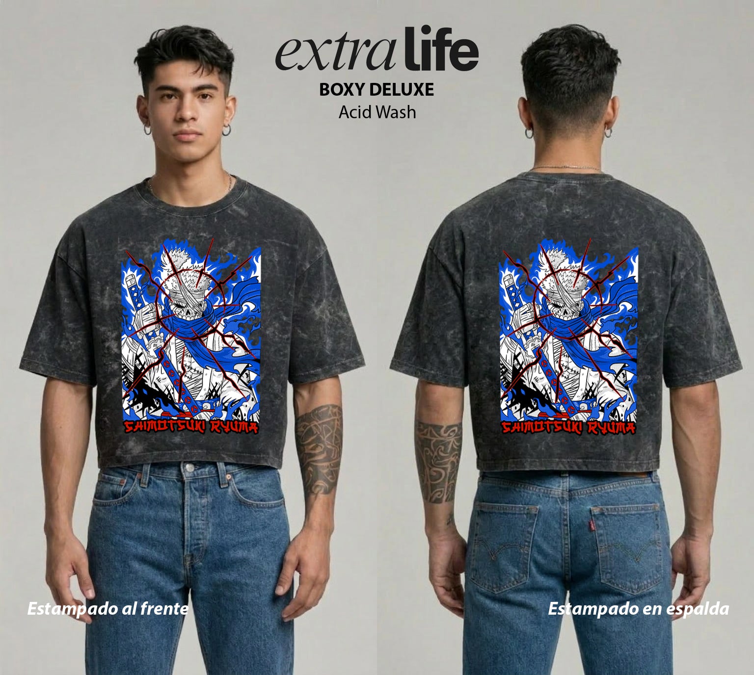 Playera streetwear premium de anime y gaming ExtraLife MX, corte boxy deluxe mineral wash heavyweight en color Acid Wash, moda urbana mexicana de culto.