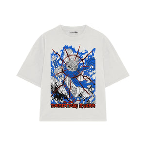 Playera streetwear premium de anime y gaming ExtraLife MX, corte boxy oversized drop shoulder heavyweight en color Deep Black y Off-White, moda urbana mexicana de culto.