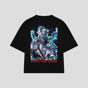 Playera streetwear premium de anime y gaming ExtraLife MX, corte boxy oversized drop shoulder heavyweight en color Deep Black y Off-White, moda urbana mexicana de culto.