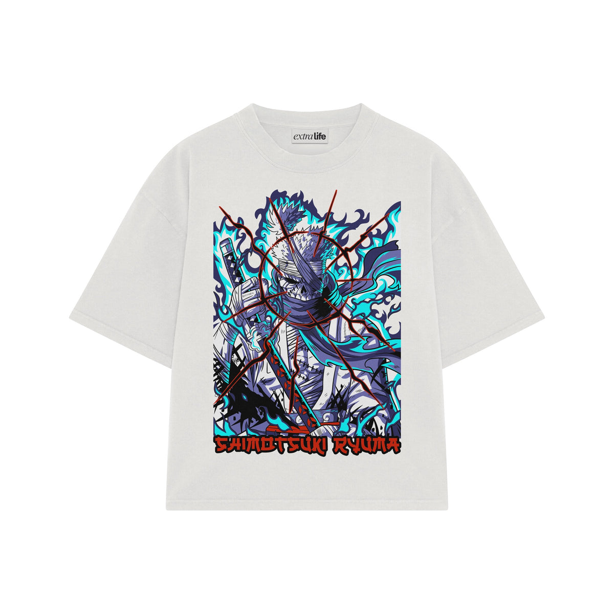 Playera streetwear premium de anime y gaming ExtraLife MX, corte oversized drop shoulder ligero y fresco en color Deep Black y Off-White, moda urbana mexicana de culto.