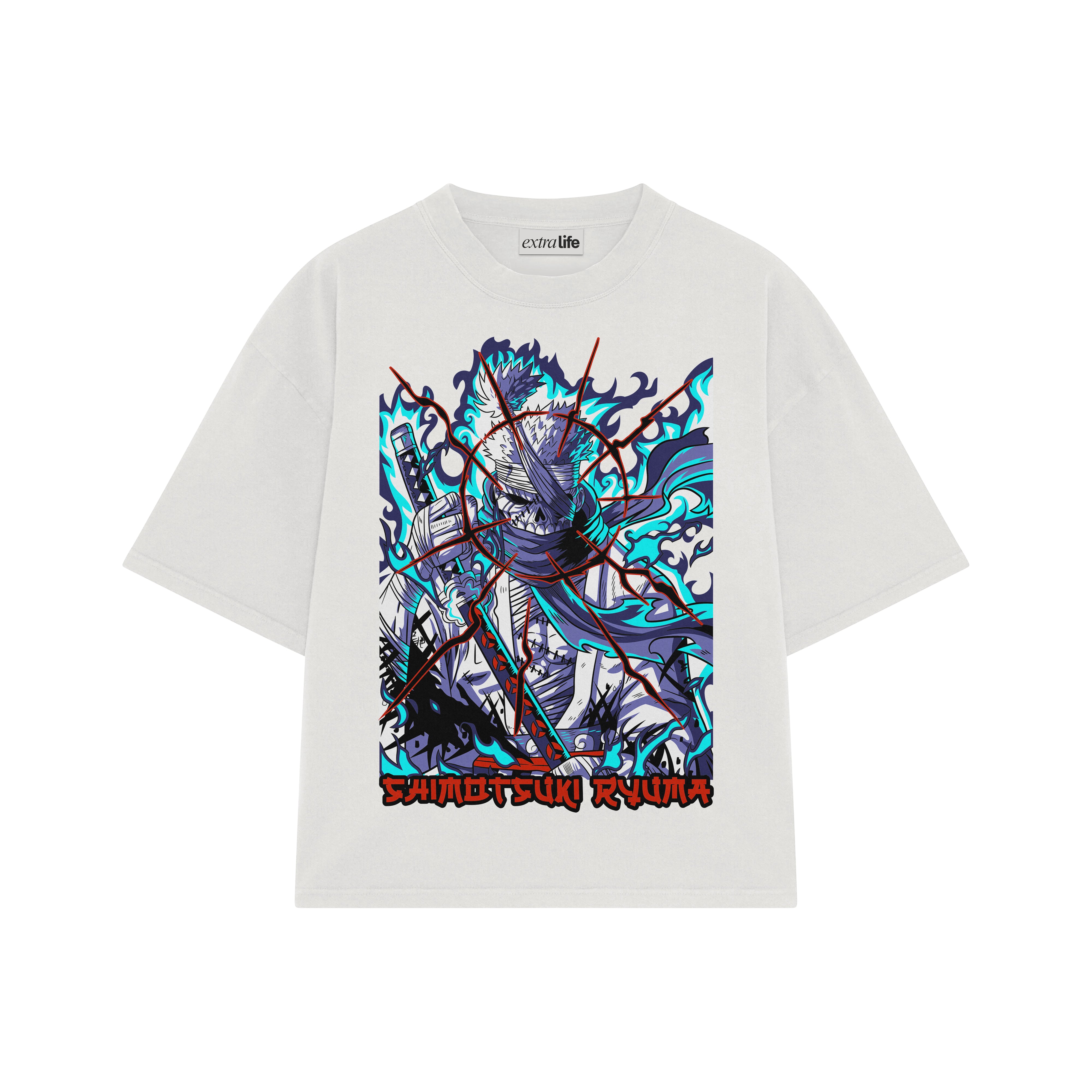 Playera streetwear premium de anime y gaming ExtraLife MX, corte boxy oversized drop shoulder heavyweight en color Deep Black y Off-White, moda urbana mexicana de culto.
