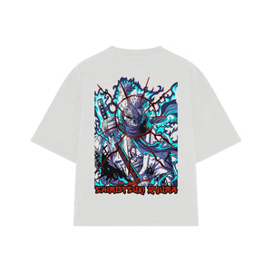 Playera streetwear premium de anime y gaming ExtraLife MX, corte boxy oversized drop shoulder heavyweight en color Deep Black y Off-White, moda urbana mexicana de culto.