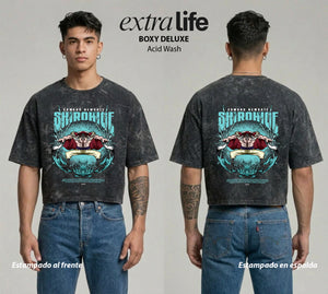 Playera streetwear premium de anime y gaming ExtraLife MX, corte boxy deluxe mineral wash heavyweight en color Acid Wash, moda urbana mexicana de culto.