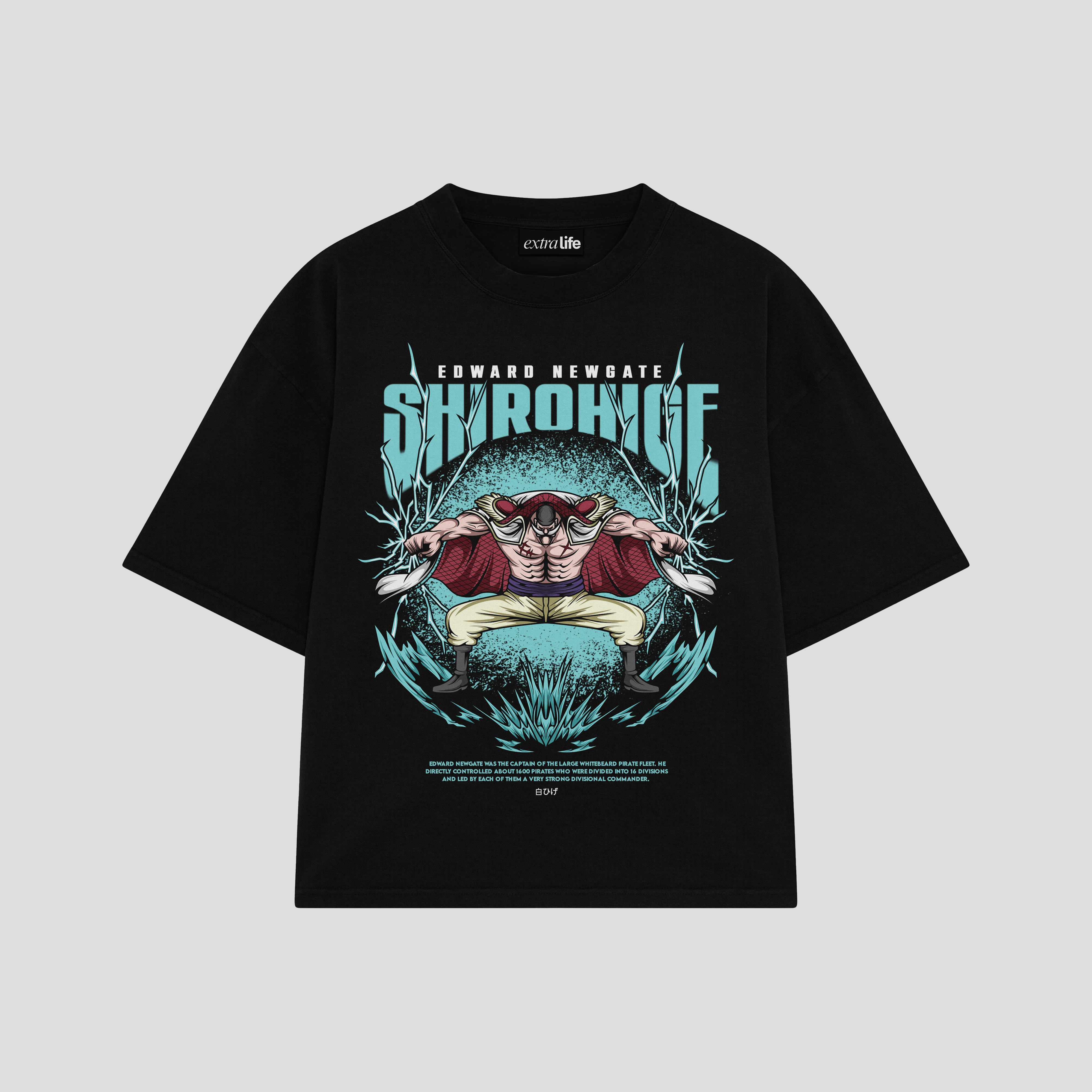 Playera streetwear premium de anime y gaming ExtraLife MX, corte boxy oversized drop shoulder heavyweight en color Deep Black y Off-White, moda urbana mexicana de culto.