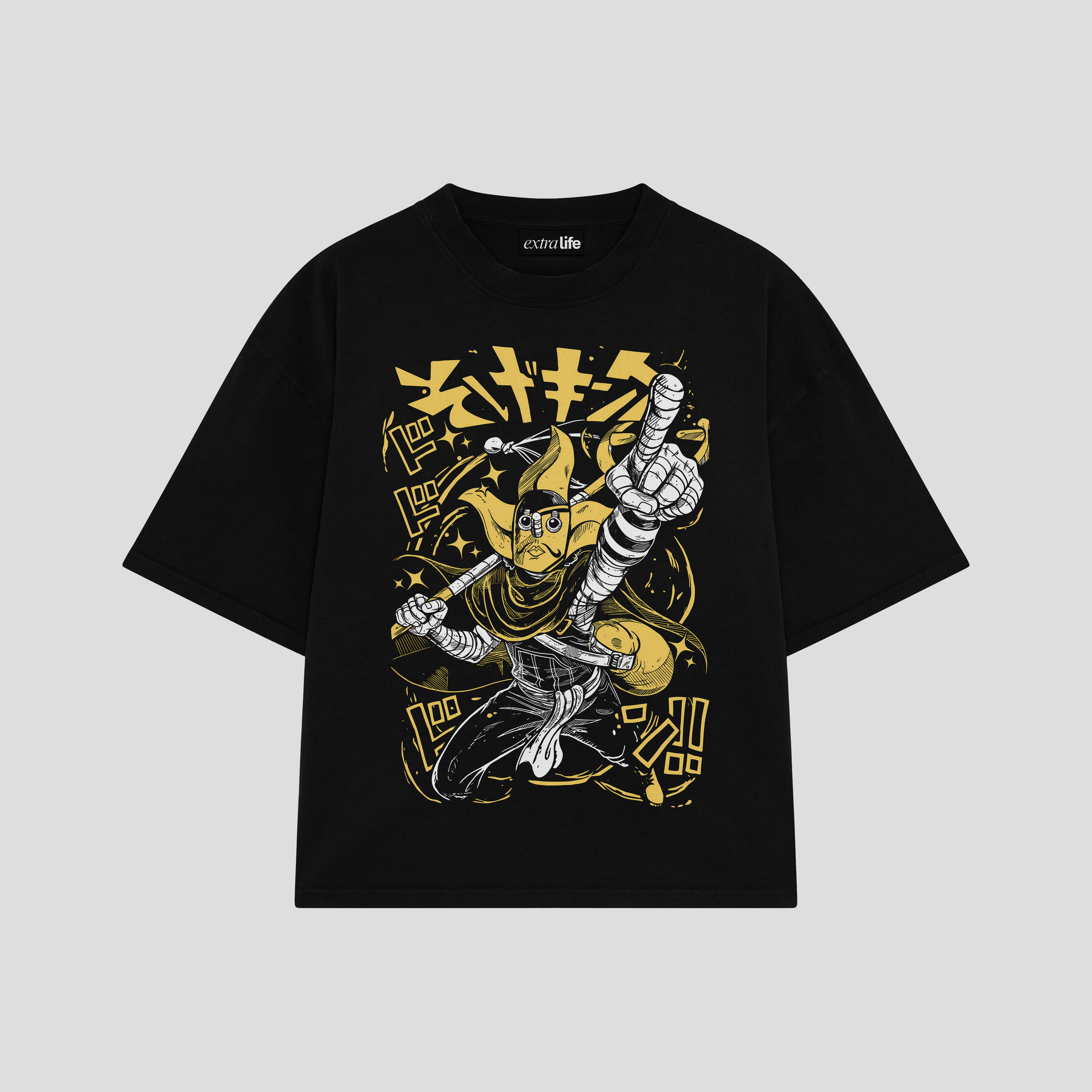 Playera streetwear premium de anime y gaming ExtraLife MX, corte boxy oversized drop shoulder heavyweight en color Deep Black y Off-White, moda urbana mexicana de culto.