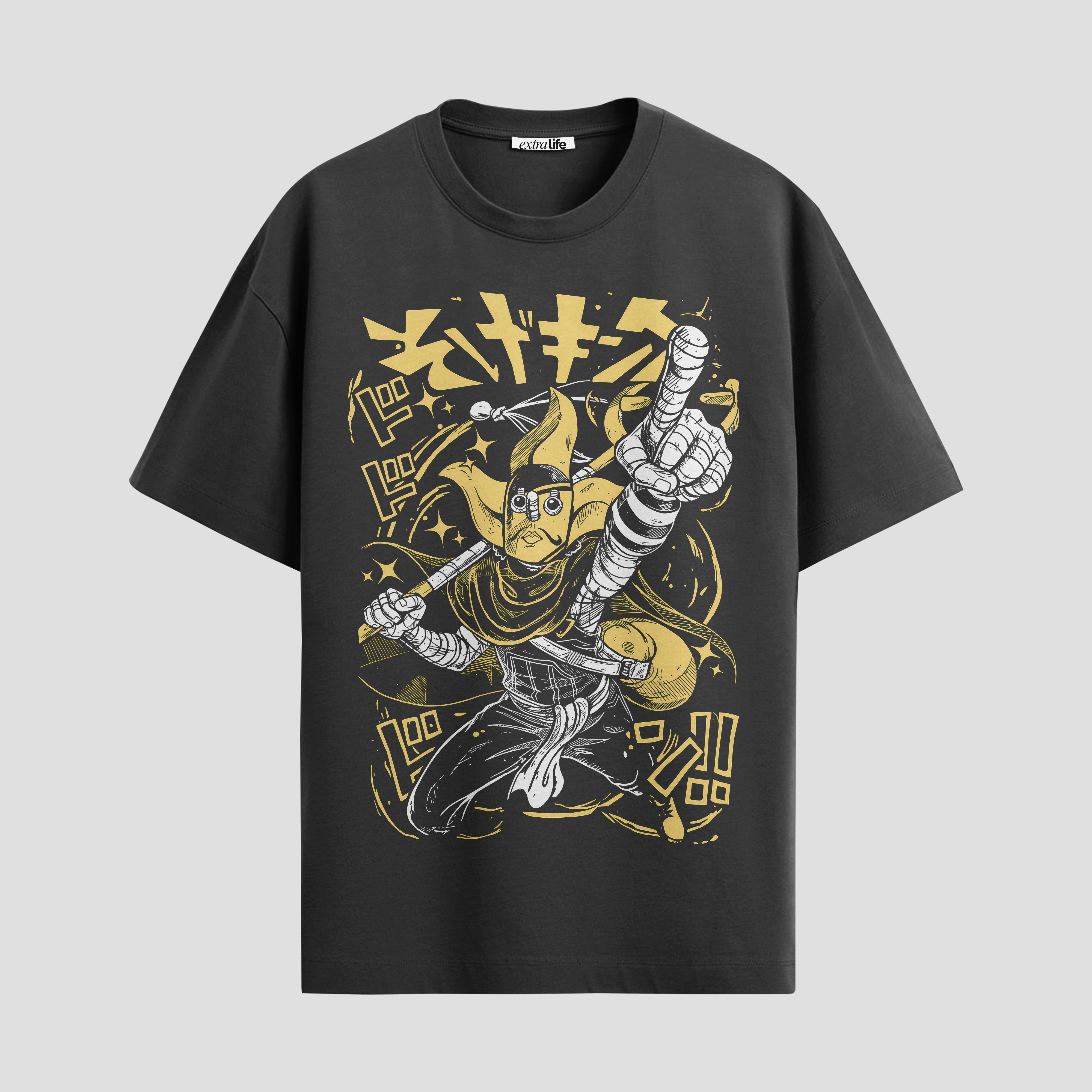 Playera urbana de anime y gaming ExtraLife MX, corte Standard Fit unisex ligero y transpirable en color Deep Black y Pure White, ropa de uso diario para gym y casual.