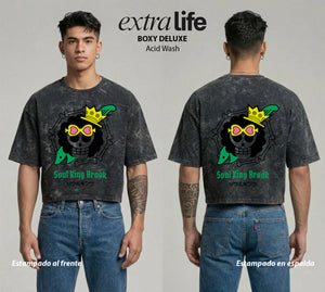 Playera streetwear premium de anime y gaming ExtraLife MX, corte boxy deluxe mineral wash heavyweight en color Acid Wash, moda urbana mexicana de culto.