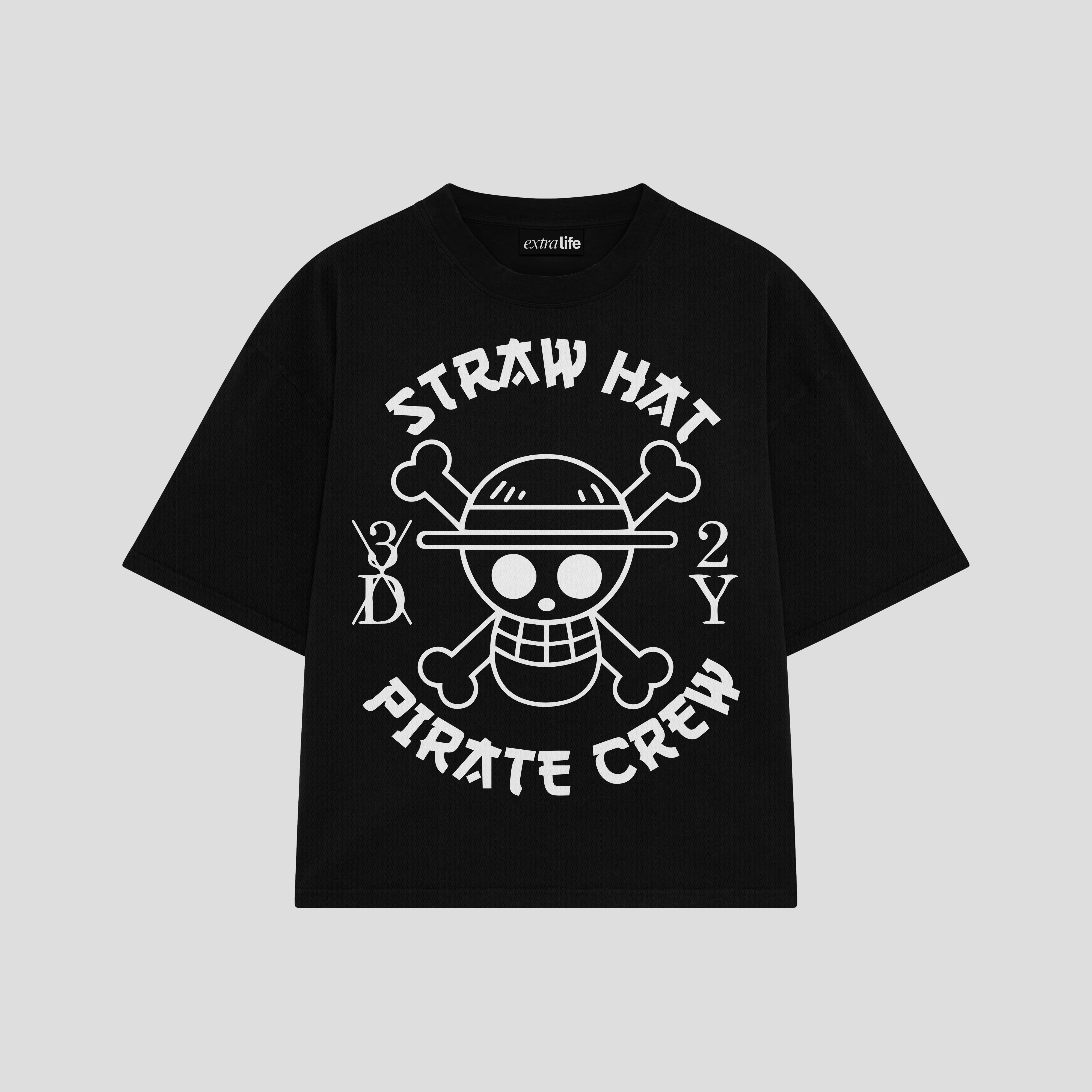 Playera streetwear premium de anime y gaming ExtraLife MX, corte boxy oversized drop shoulder heavyweight en color Deep Black y Off-White, moda urbana mexicana de culto.