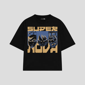 Playera streetwear premium de anime y gaming ExtraLife MX, corte boxy oversized drop shoulder heavyweight en color Deep Black y Off-White, moda urbana mexicana de culto.