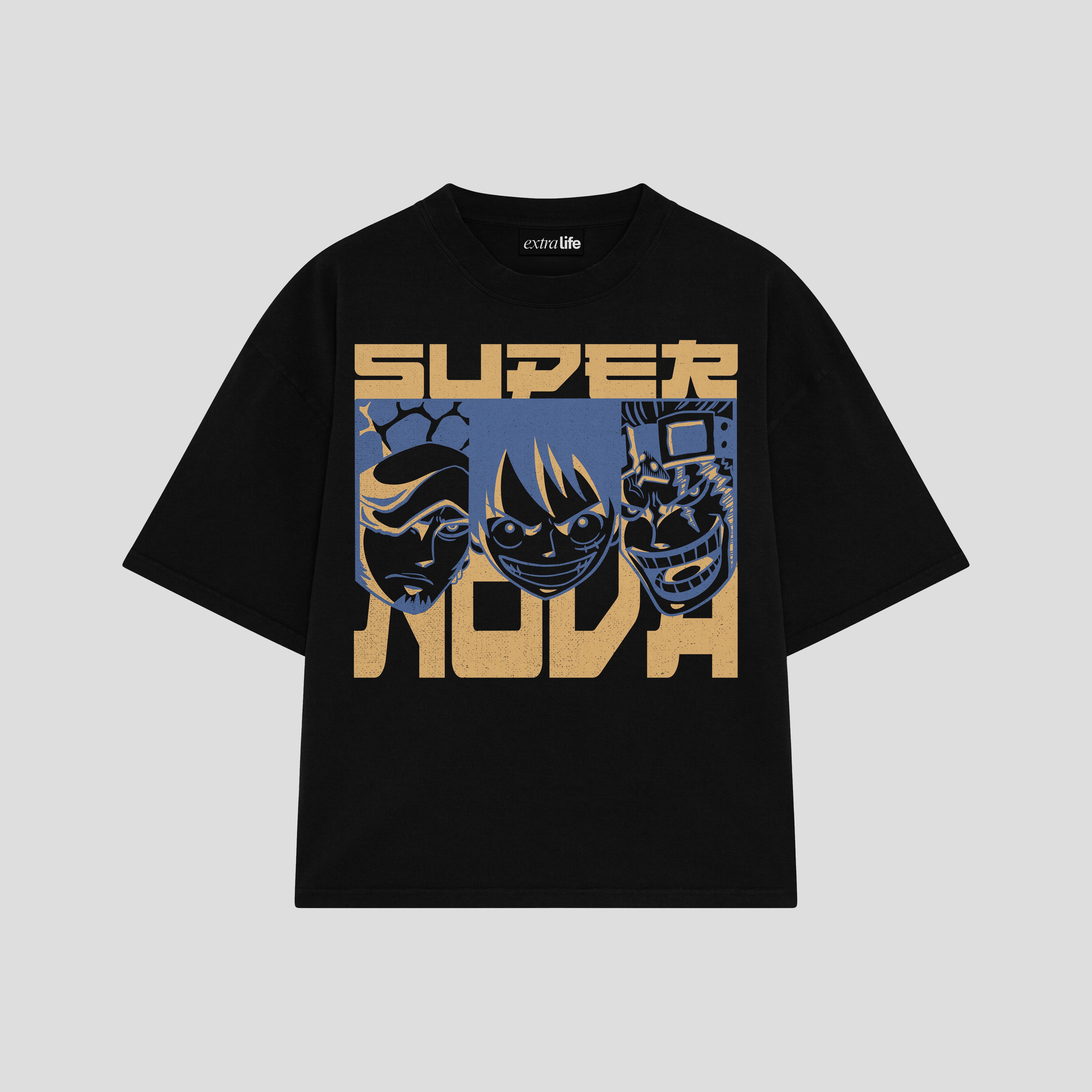 Playera streetwear premium de anime y gaming ExtraLife MX, corte boxy oversized drop shoulder heavyweight en color Deep Black y Off-White, moda urbana mexicana de culto.