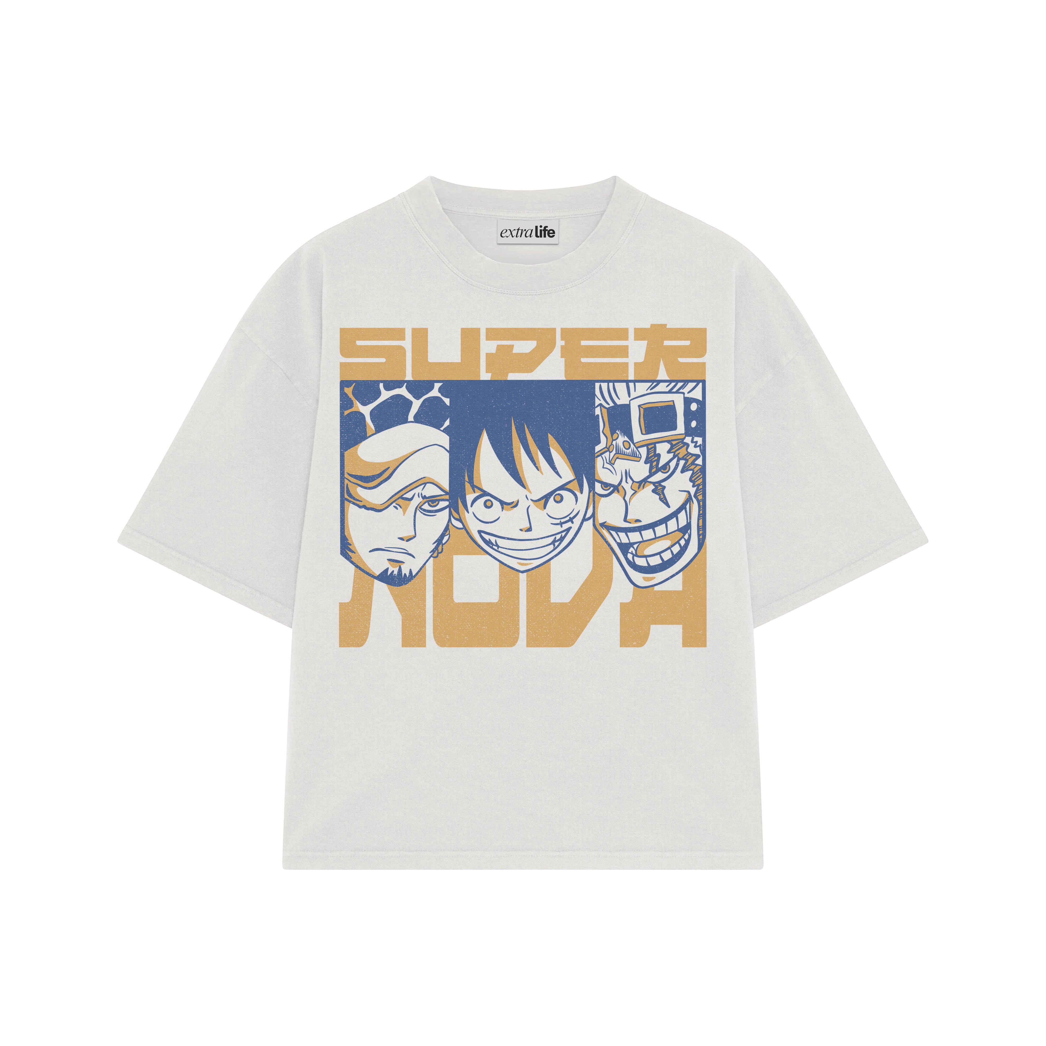 Playera streetwear premium de anime y gaming ExtraLife MX, corte boxy oversized drop shoulder heavyweight en color Deep Black y Off-White, moda urbana mexicana de culto.