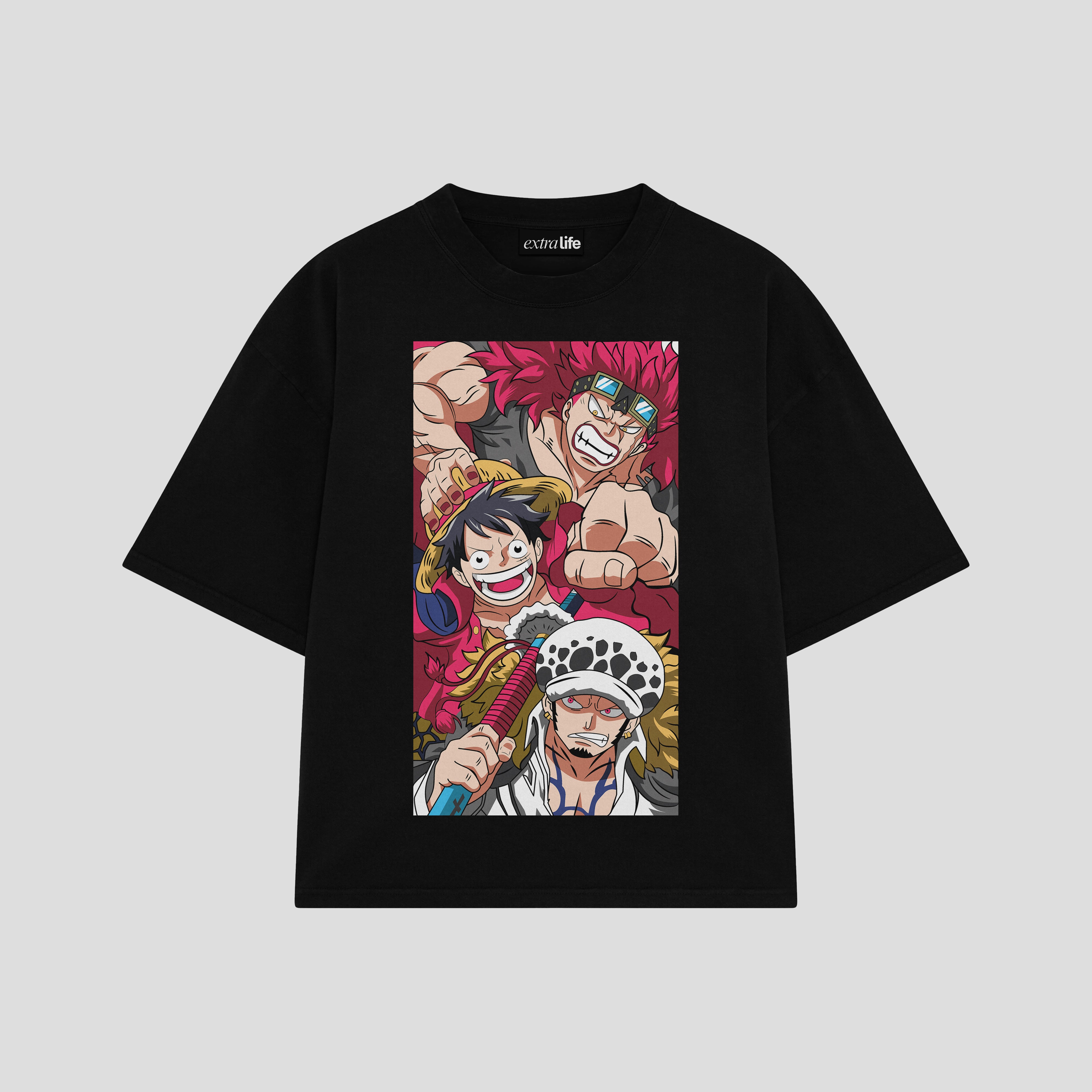 Playera streetwear premium de anime y gaming ExtraLife MX, corte boxy oversized drop shoulder heavyweight en color Deep Black y Off-White, moda urbana mexicana de culto.