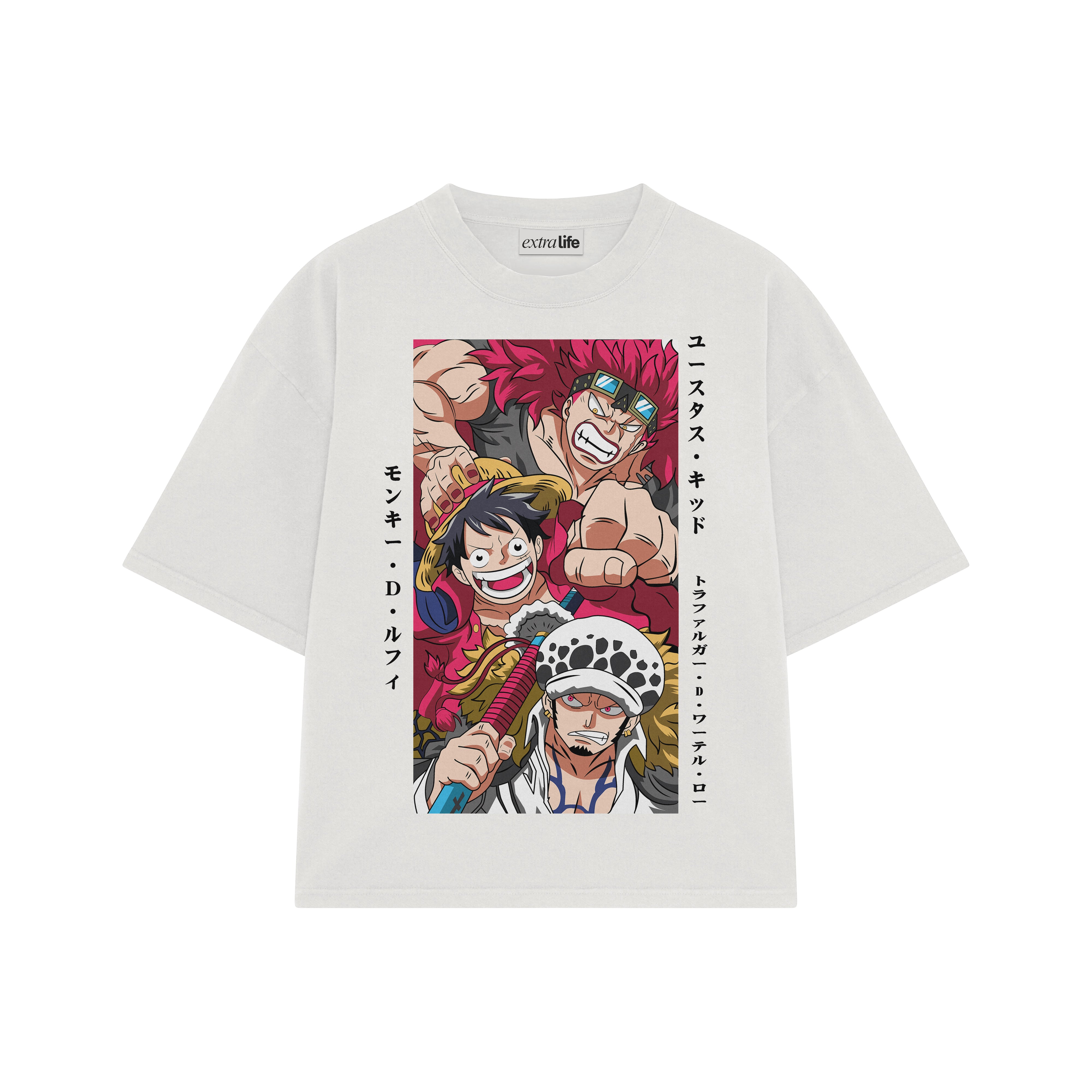 Playera streetwear premium de anime y gaming ExtraLife MX, corte boxy oversized drop shoulder heavyweight en color Deep Black y Off-White, moda urbana mexicana de culto.