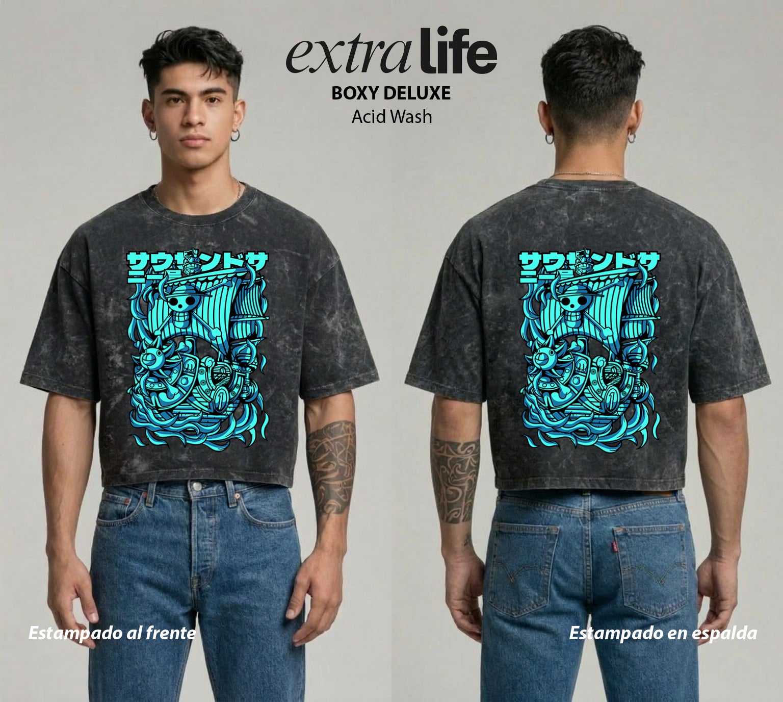 Playera streetwear premium de anime y gaming ExtraLife MX, corte boxy deluxe mineral wash heavyweight en color Acid Wash, moda urbana mexicana de culto.