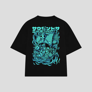 Playera streetwear premium de anime y gaming ExtraLife MX, corte boxy oversized drop shoulder heavyweight en color Deep Black y Off-White, moda urbana mexicana de culto.