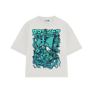 Playera streetwear premium de anime y gaming ExtraLife MX, corte oversized drop shoulder ligero y fresco en color Deep Black y Off-White, moda urbana mexicana de culto.