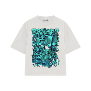 Playera streetwear premium de anime y gaming ExtraLife MX, corte boxy oversized drop shoulder heavyweight en color Deep Black y Off-White, moda urbana mexicana de culto.