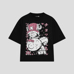 Playera streetwear premium de anime y gaming ExtraLife MX, corte boxy oversized drop shoulder heavyweight en color Deep Black y Off-White, moda urbana mexicana de culto.