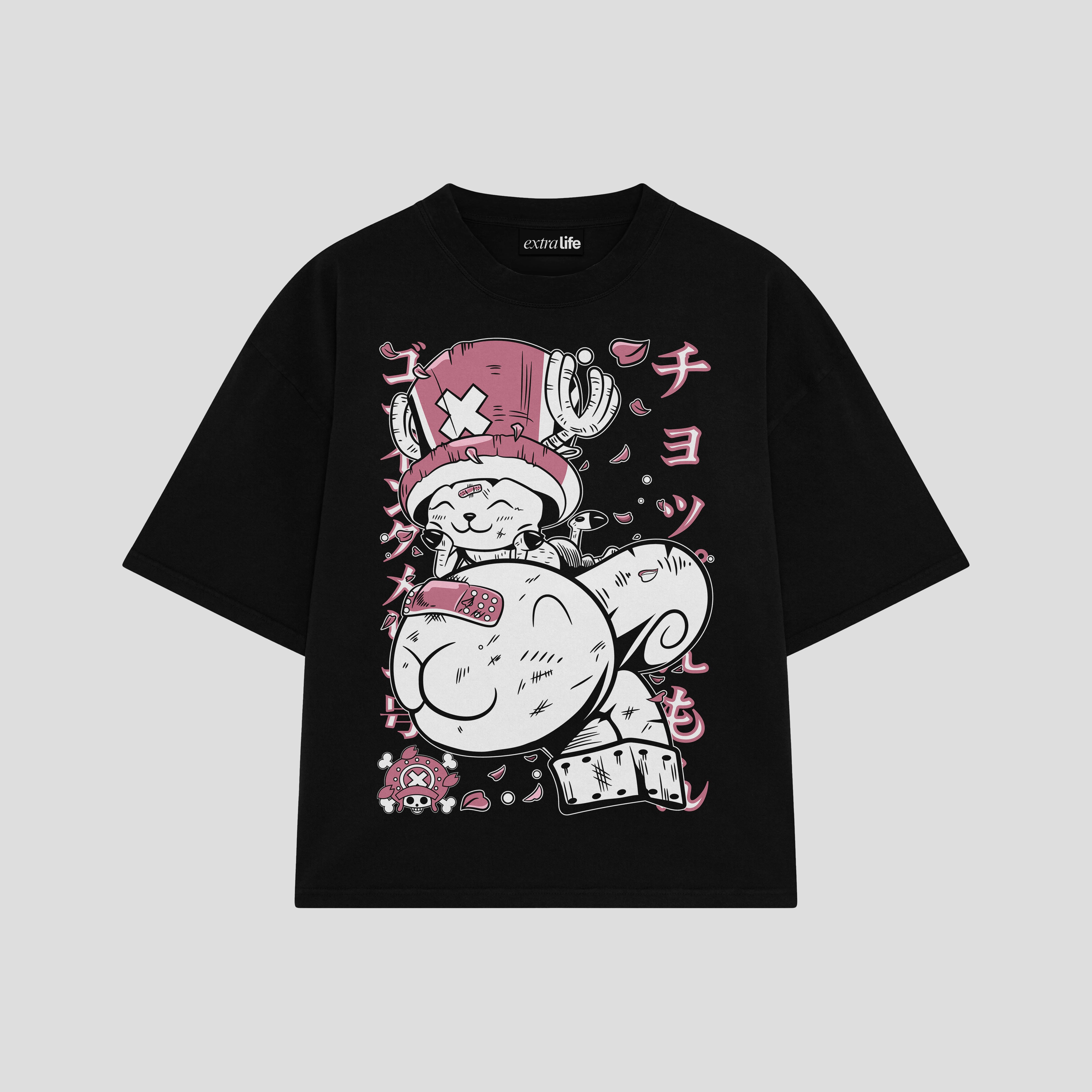 Playera streetwear premium de anime y gaming ExtraLife MX, corte boxy oversized drop shoulder heavyweight en color Deep Black y Off-White, moda urbana mexicana de culto.