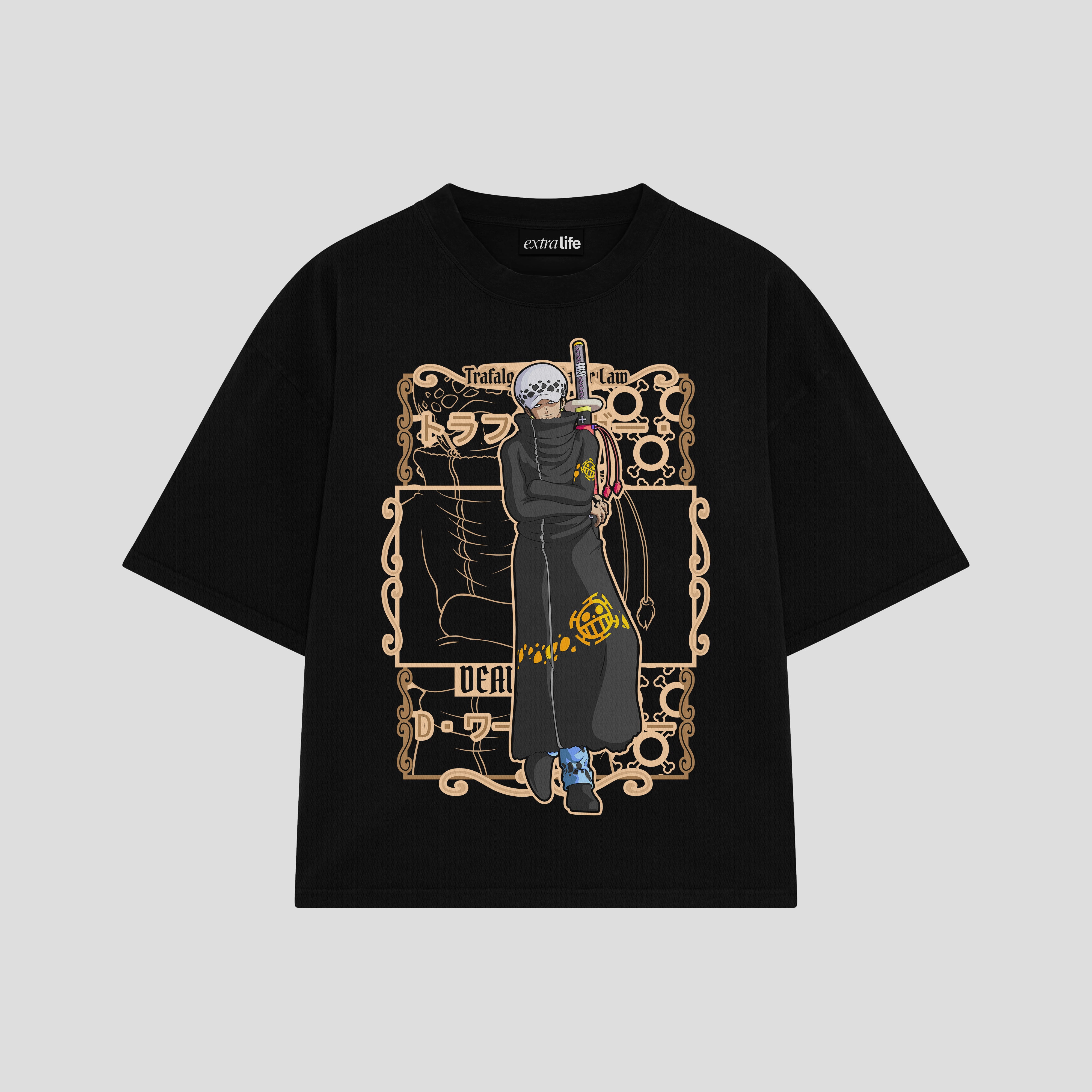 Playera streetwear premium de anime y gaming ExtraLife MX, corte boxy oversized drop shoulder heavyweight en color Deep Black y Off-White, moda urbana mexicana de culto.