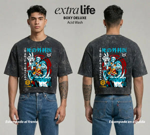 Playera streetwear premium de anime y gaming ExtraLife MX, corte boxy deluxe mineral wash heavyweight en color Acid Wash, moda urbana mexicana de culto.