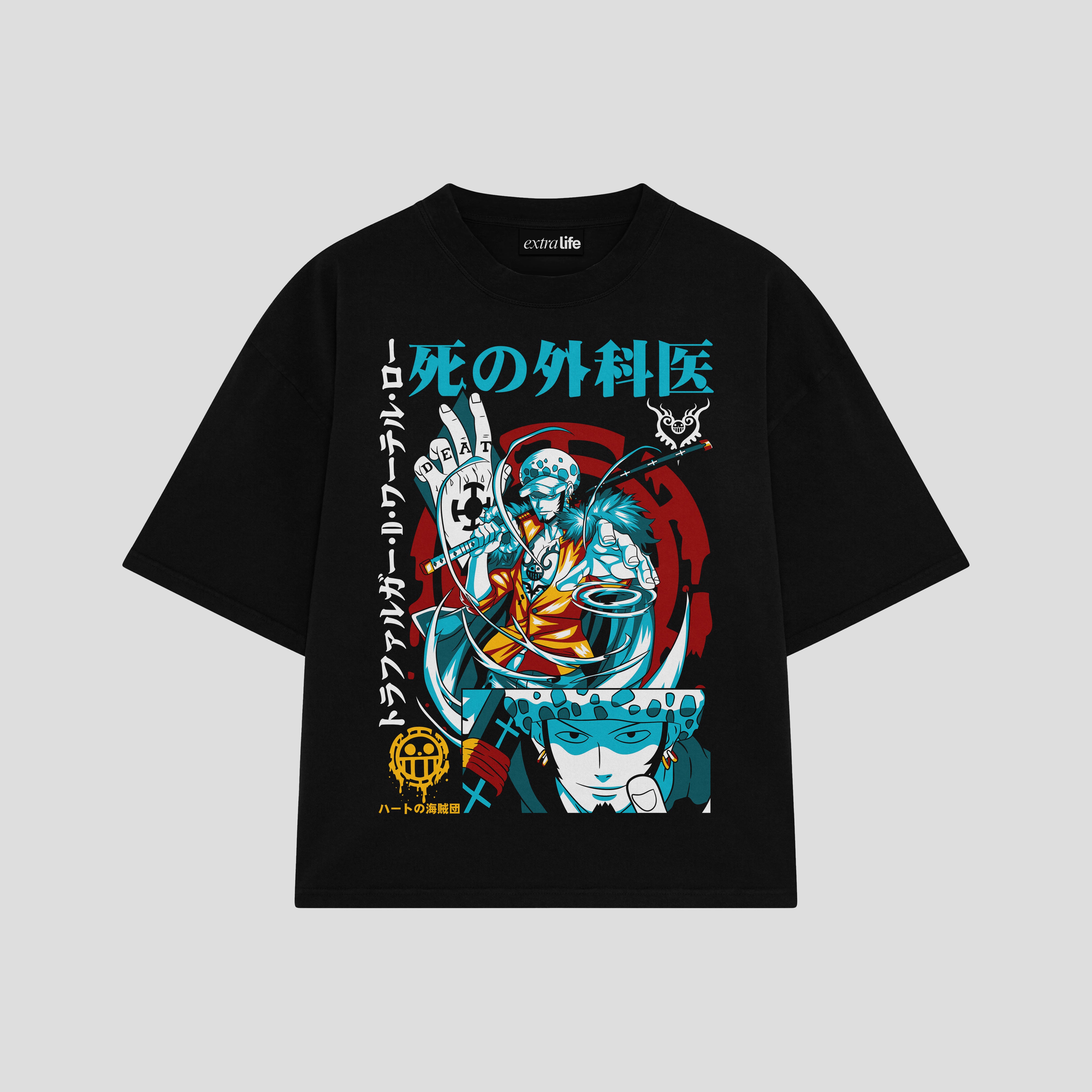 Playera streetwear premium de anime y gaming ExtraLife MX, corte boxy oversized drop shoulder heavyweight en color Deep Black y Off-White, moda urbana mexicana de culto.