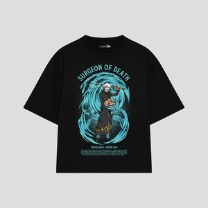 Playera streetwear premium de anime y gaming ExtraLife MX, corte boxy oversized drop shoulder heavyweight en color Deep Black y Off-White, moda urbana mexicana de culto.