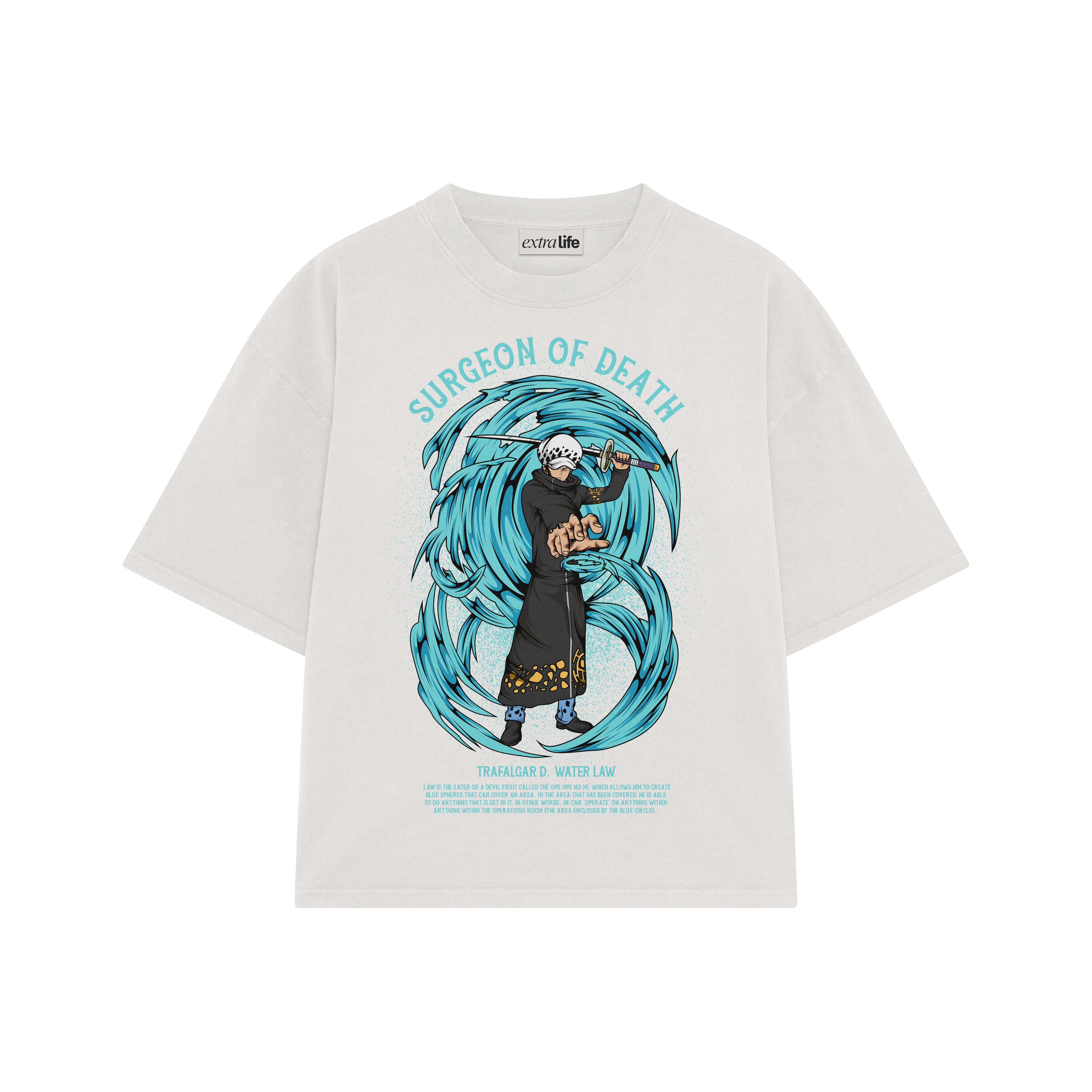 Playera streetwear premium de anime y gaming ExtraLife MX, corte boxy oversized drop shoulder heavyweight en color Deep Black y Off-White, moda urbana mexicana de culto.