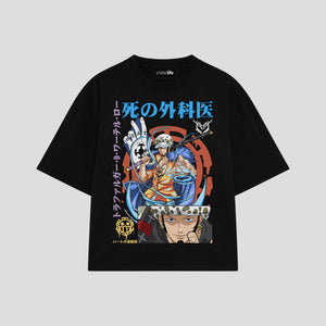 Playera streetwear premium de anime y gaming ExtraLife MX, corte boxy oversized drop shoulder heavyweight en color Deep Black y Off-White, moda urbana mexicana de culto.
