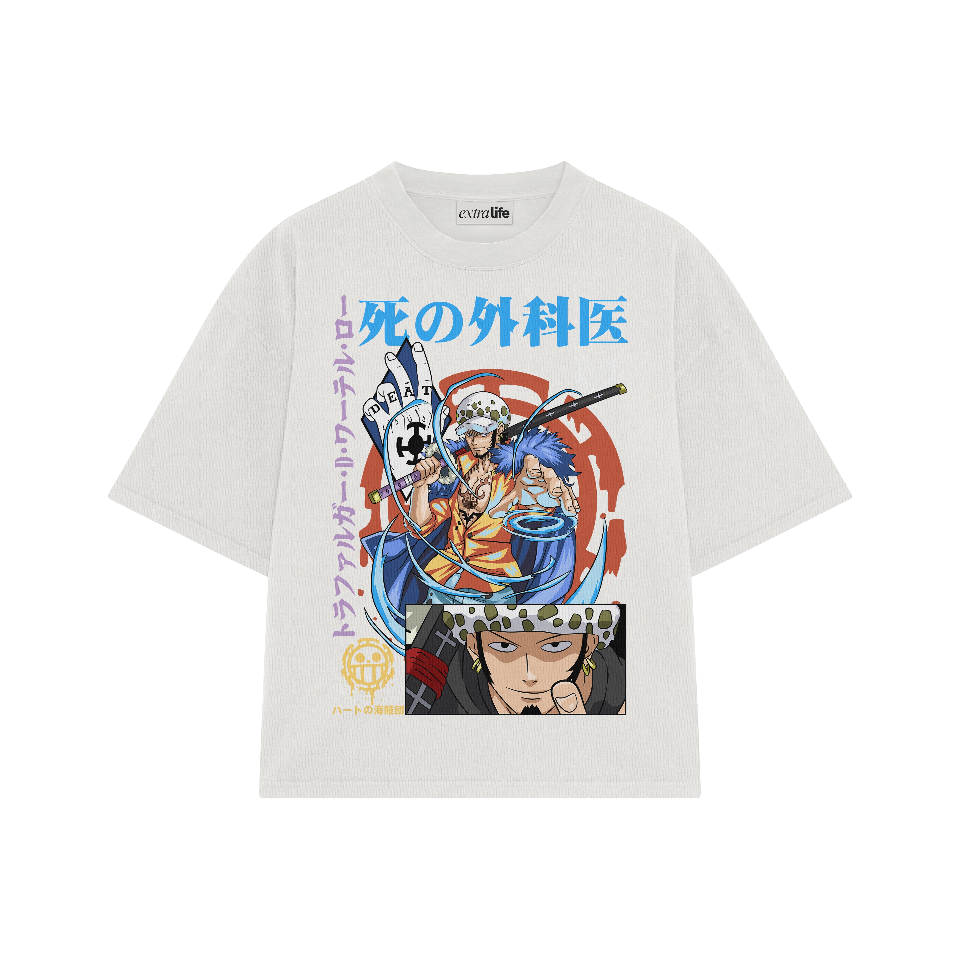 Playera streetwear premium de anime y gaming ExtraLife MX, corte boxy oversized drop shoulder heavyweight en color Deep Black y Off-White, moda urbana mexicana de culto.