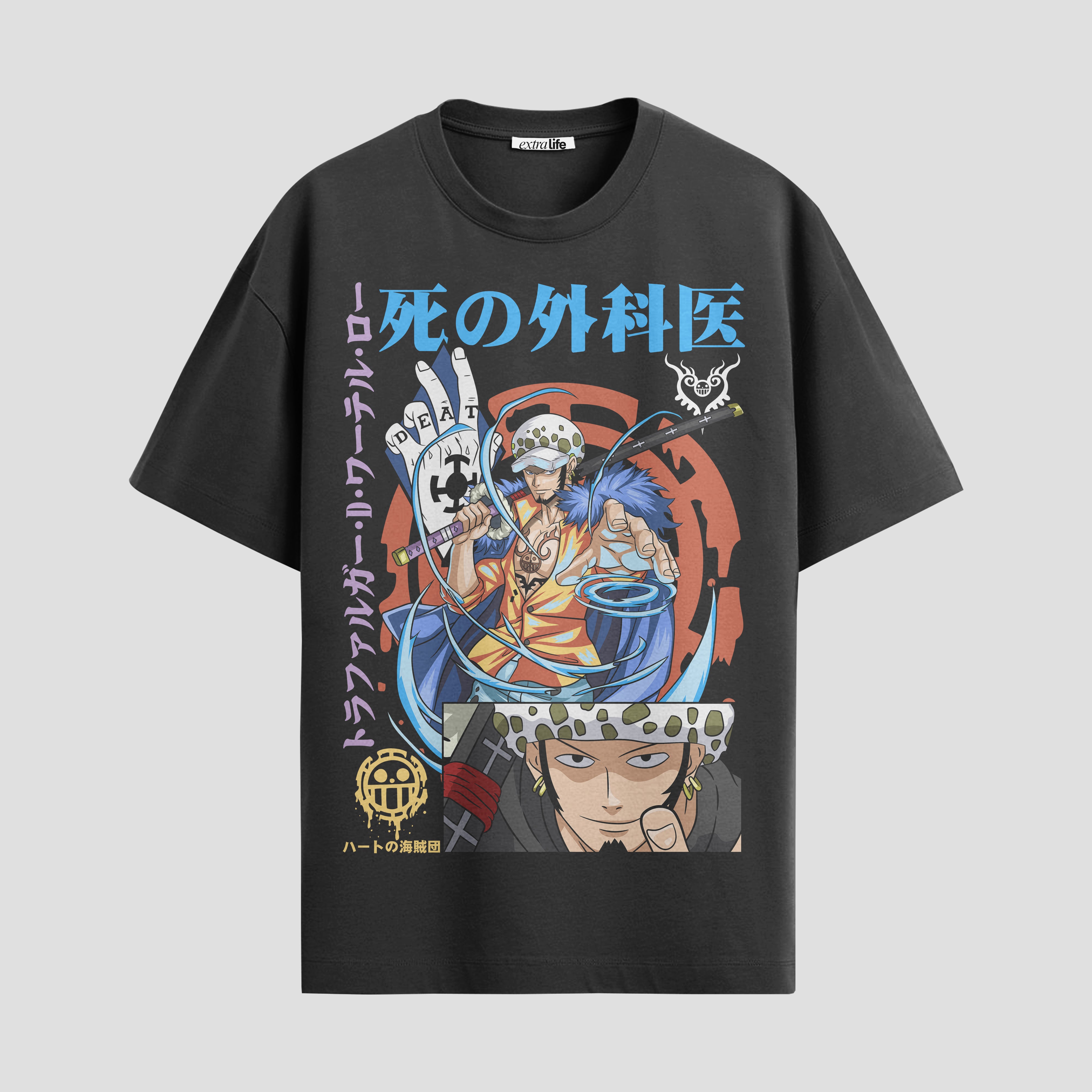 Playera urbana de anime y gaming ExtraLife MX, corte Standard Fit unisex ligero y transpirable en color Deep Black y Pure White, ropa de uso diario para gym y casual.