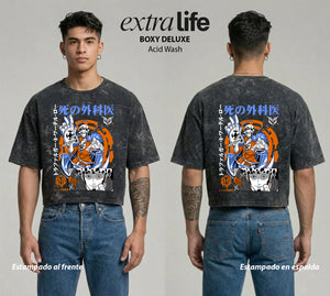 Playera streetwear premium de anime y gaming ExtraLife MX, corte boxy deluxe mineral wash heavyweight en color Acid Wash, moda urbana mexicana de culto.