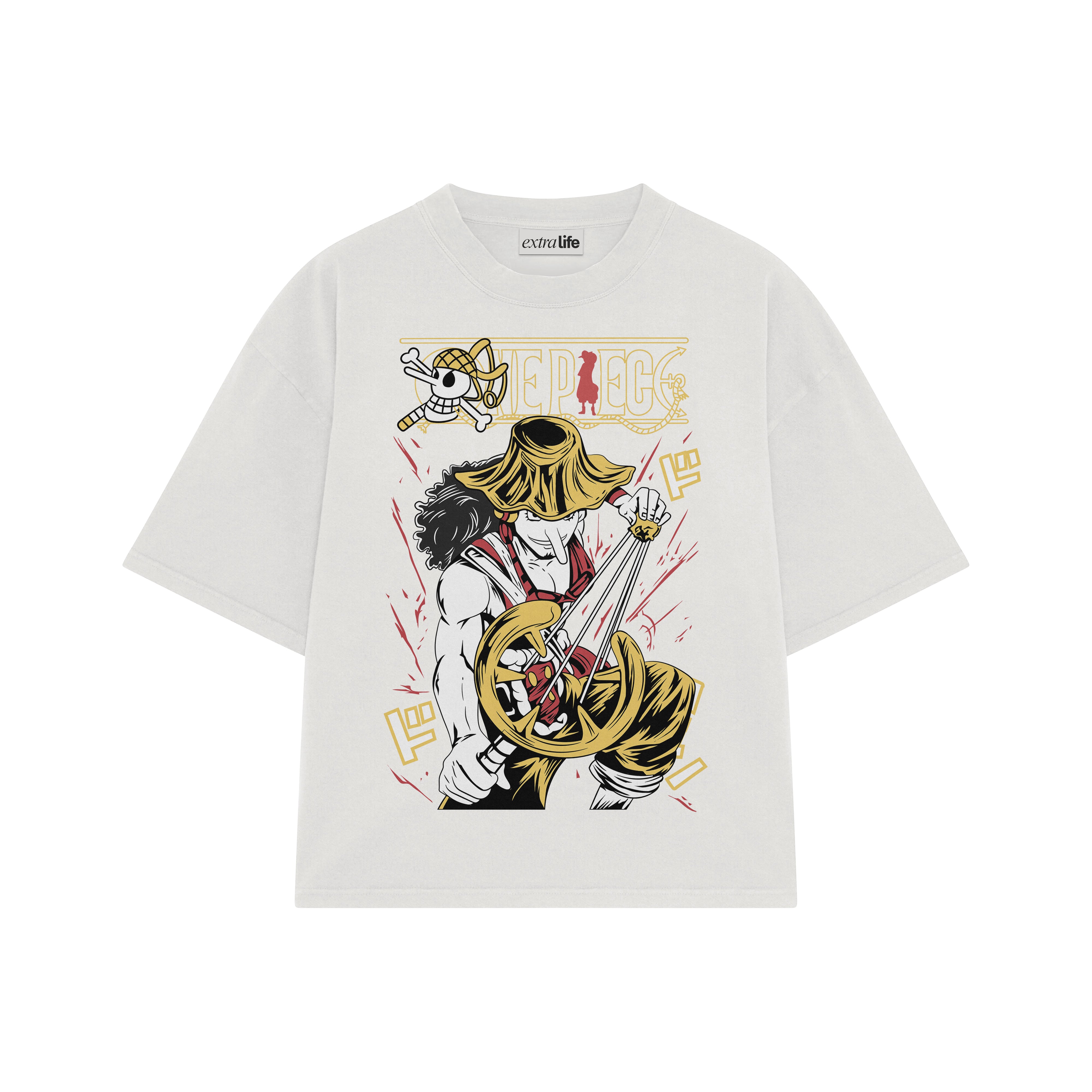 Playera streetwear premium de anime y gaming ExtraLife MX, corte boxy oversized drop shoulder heavyweight en color Deep Black y Off-White, moda urbana mexicana de culto.