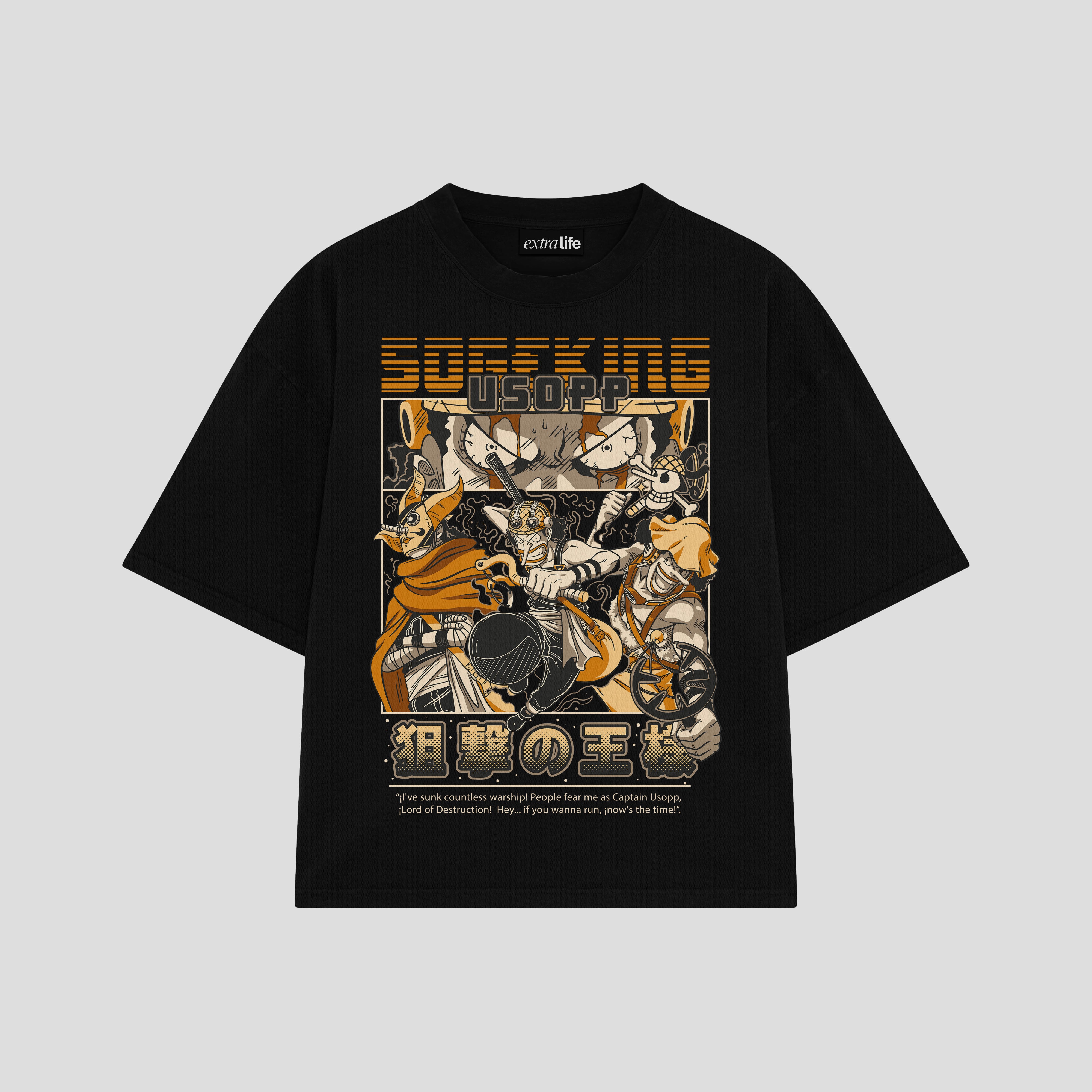 Playera streetwear premium de anime y gaming ExtraLife MX, corte boxy oversized drop shoulder heavyweight en color Deep Black y Off-White, moda urbana mexicana de culto.