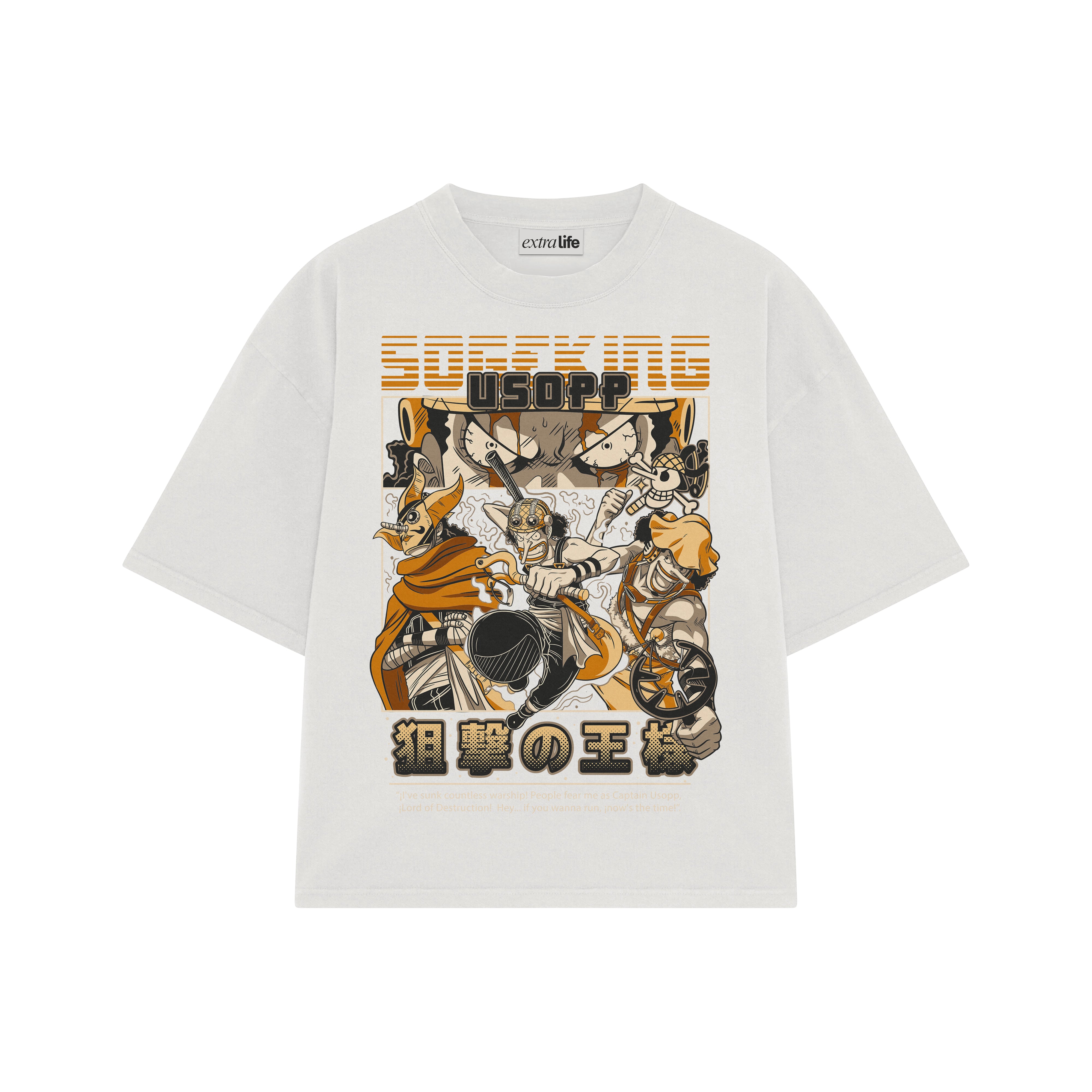 Playera streetwear premium de anime y gaming ExtraLife MX, corte boxy oversized drop shoulder heavyweight en color Deep Black y Off-White, moda urbana mexicana de culto.