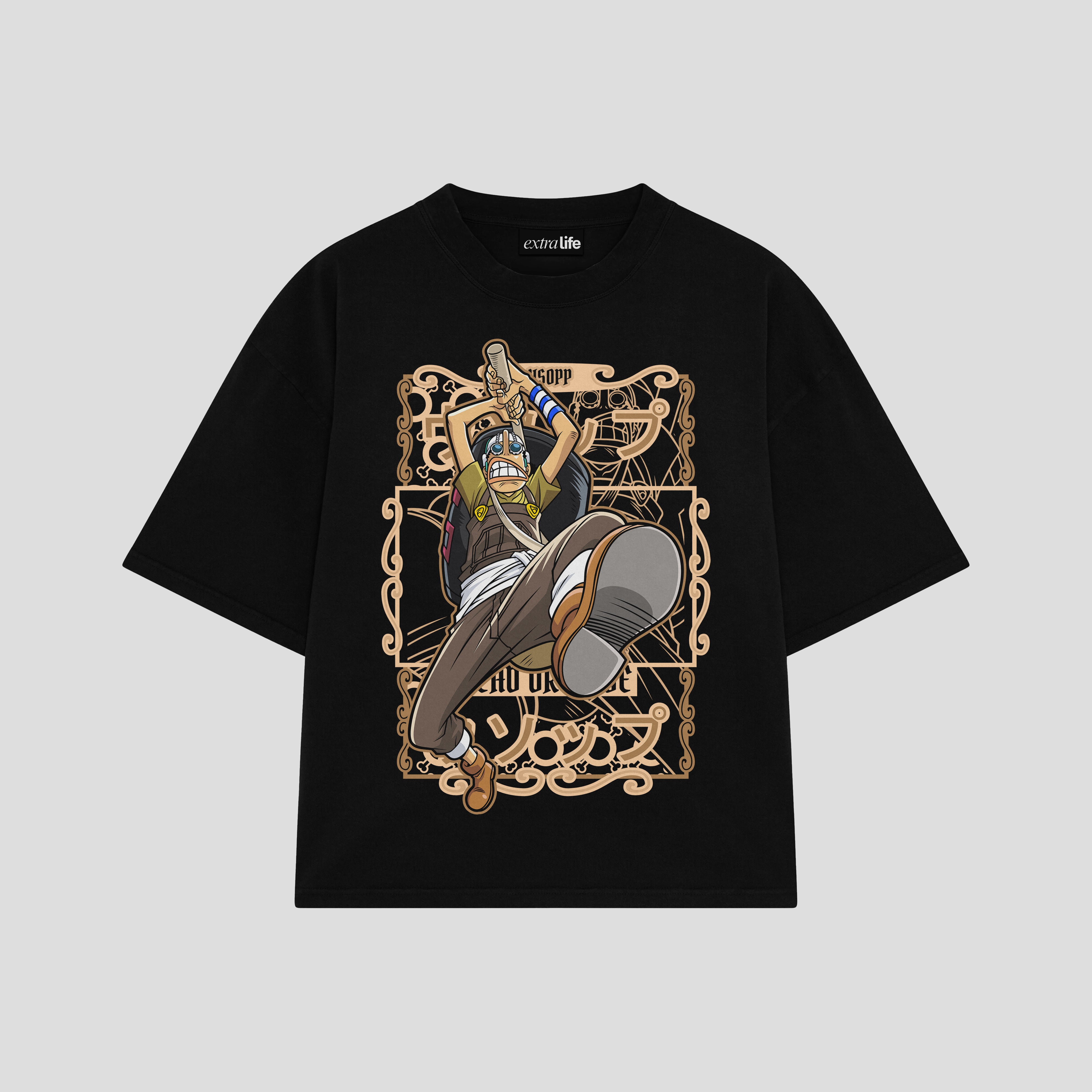 Playera streetwear premium de anime y gaming ExtraLife MX, corte boxy oversized drop shoulder heavyweight en color Deep Black y Off-White, moda urbana mexicana de culto.