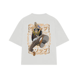 Playera streetwear premium de anime y gaming ExtraLife MX, corte boxy oversized drop shoulder heavyweight en color Deep Black y Off-White, moda urbana mexicana de culto.